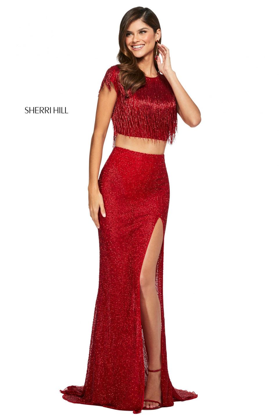 Sherri Hill Two Piece With Beaded Fringe Cap Sleeve Top With Cut Out Back And Fitted Bugle Bead Skirt With Slit
