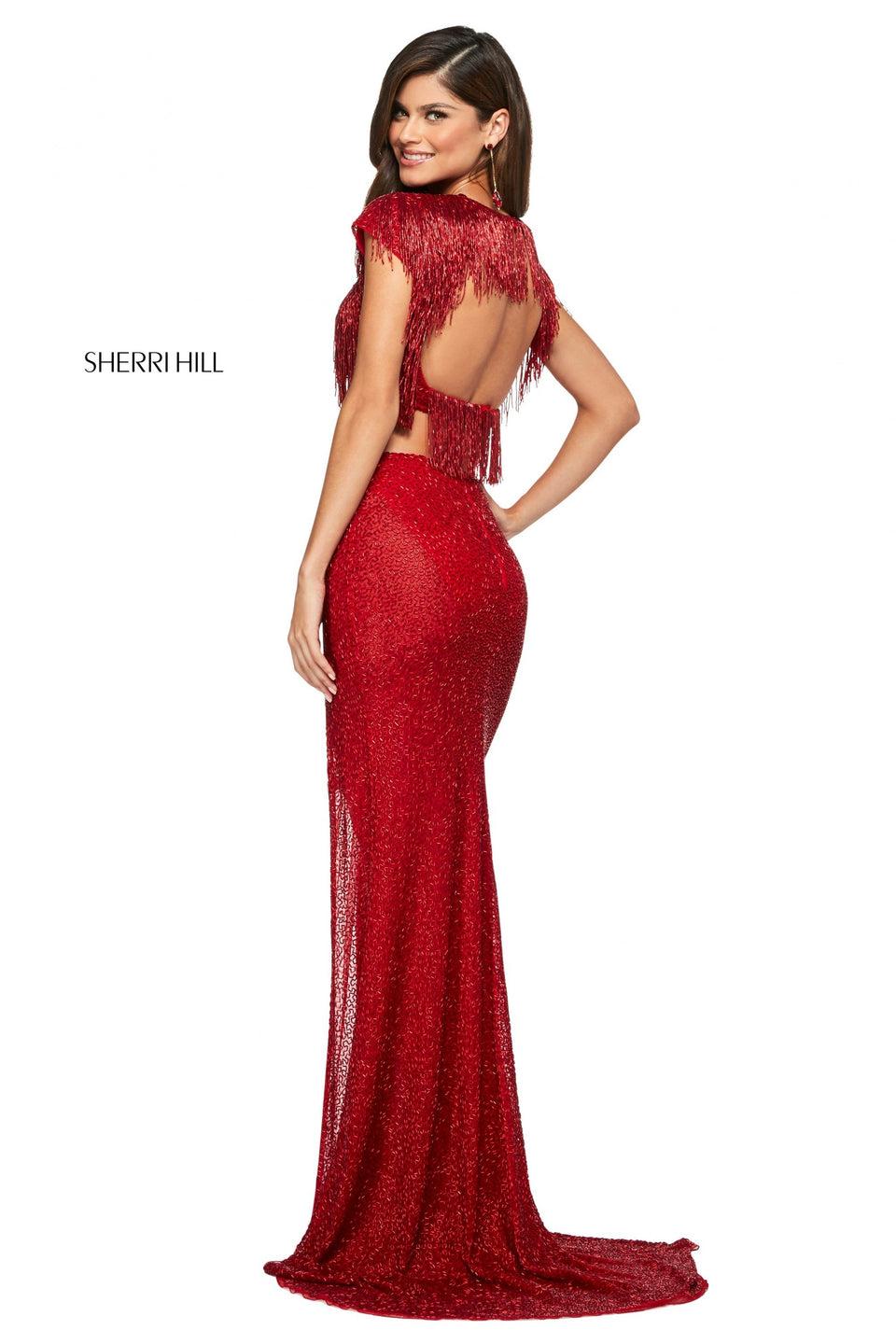 sherri hill Two piece with beaded fringe cap sleeve top with cut out back and fitted bugle bead skirt with slit