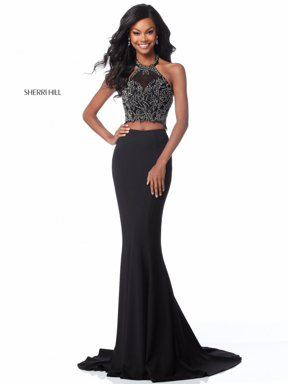 sherri hill Two piece with beaded halter bodice and fitted jersey skirt