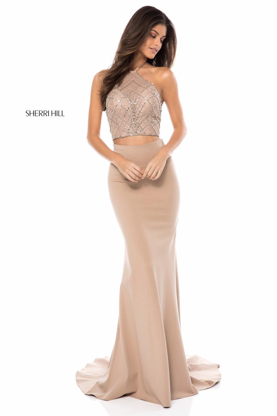 sherri hill Two piece with beaded halter top and fitted jersey skirt