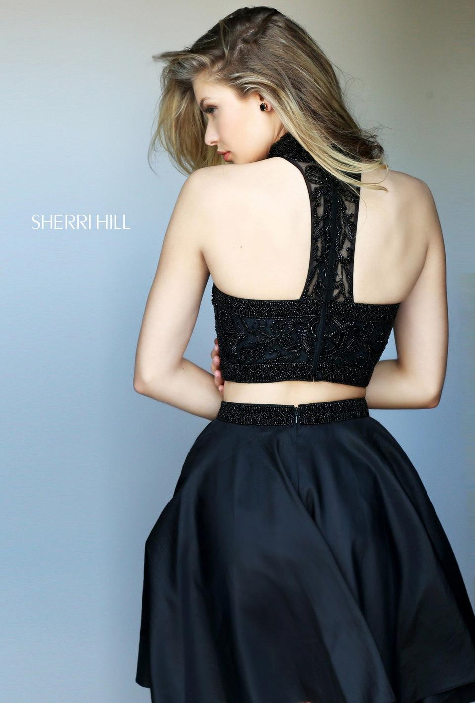 Sherri Hill Two Piece With Beaded High Neck Bodice And Mikado Cocktail Skirt