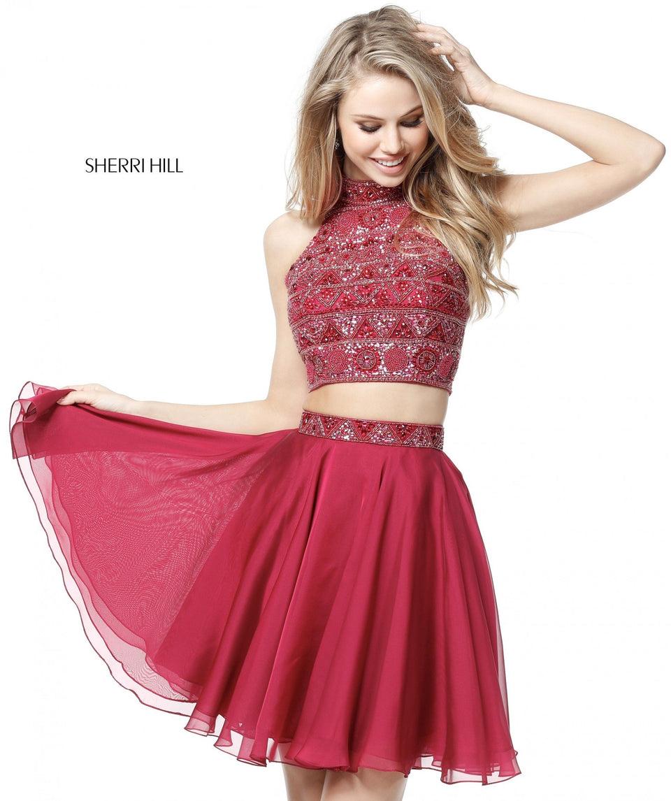 Sherri Hill Two Piece With Beaded High Neck Bodice And Organza Cocktail Skirt