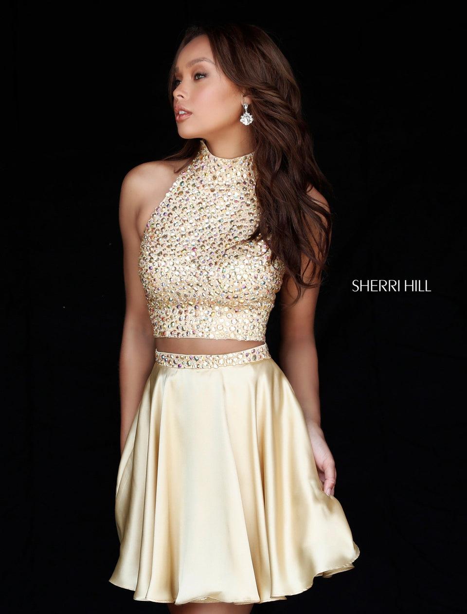Sherri Hill Two Piece With Beaded High Neck Bodice And Silk Charmeuse Cocktail Skirt