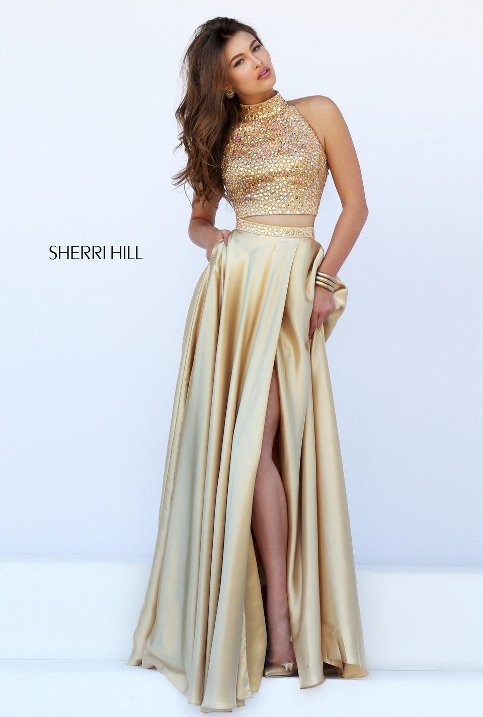 Sherri Hill Two Piece With Beaded High Neck Halter And Charmeuse Slit Skirt