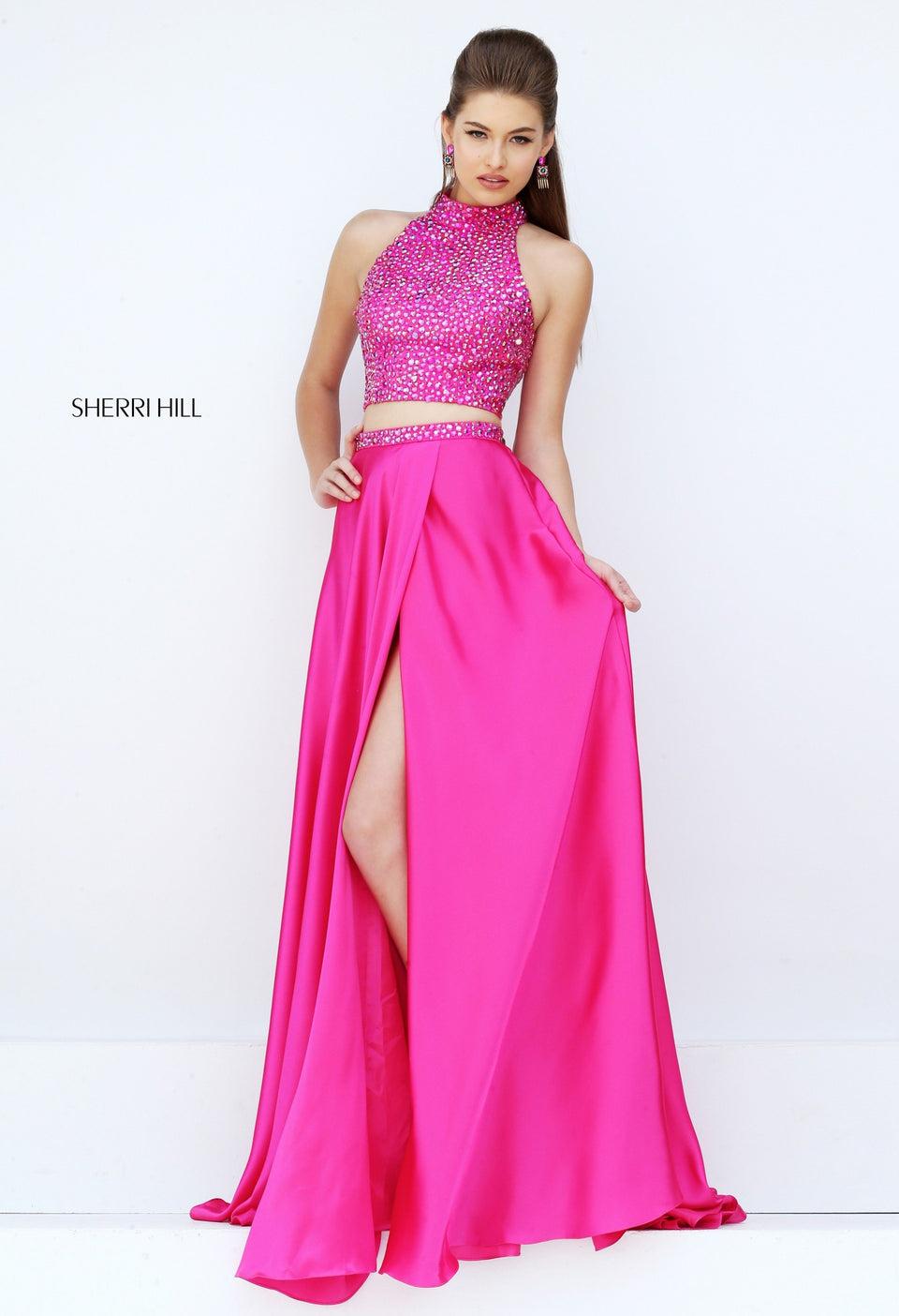 Sherri Hill Two Piece With Beaded High Neck Halter And Charmeuse Slit Skirt