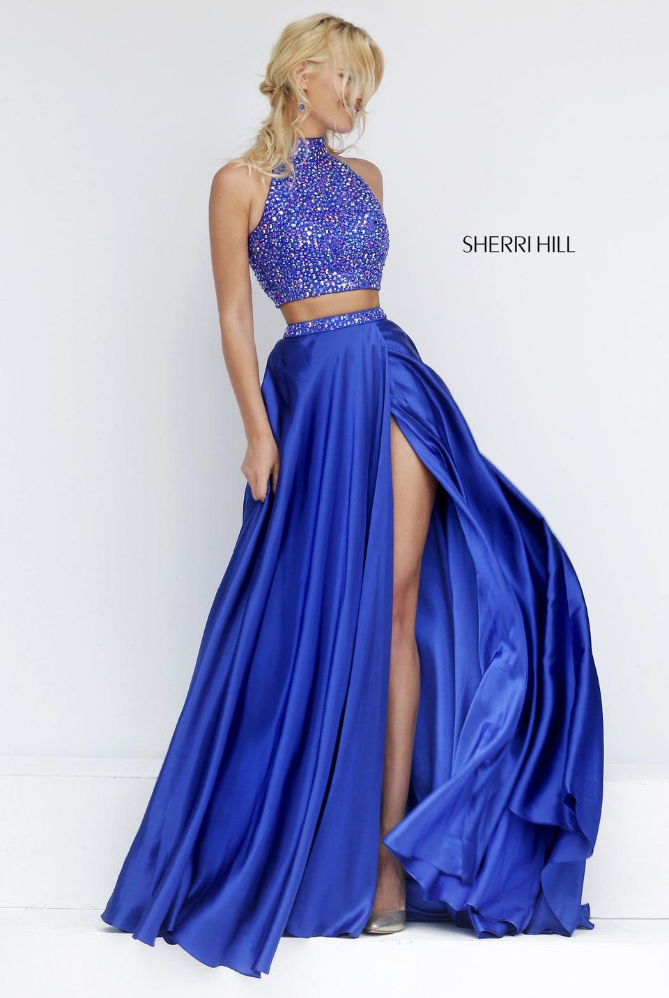 sherri hill Two piece with beaded high neck halter and charmeuse slit skirt