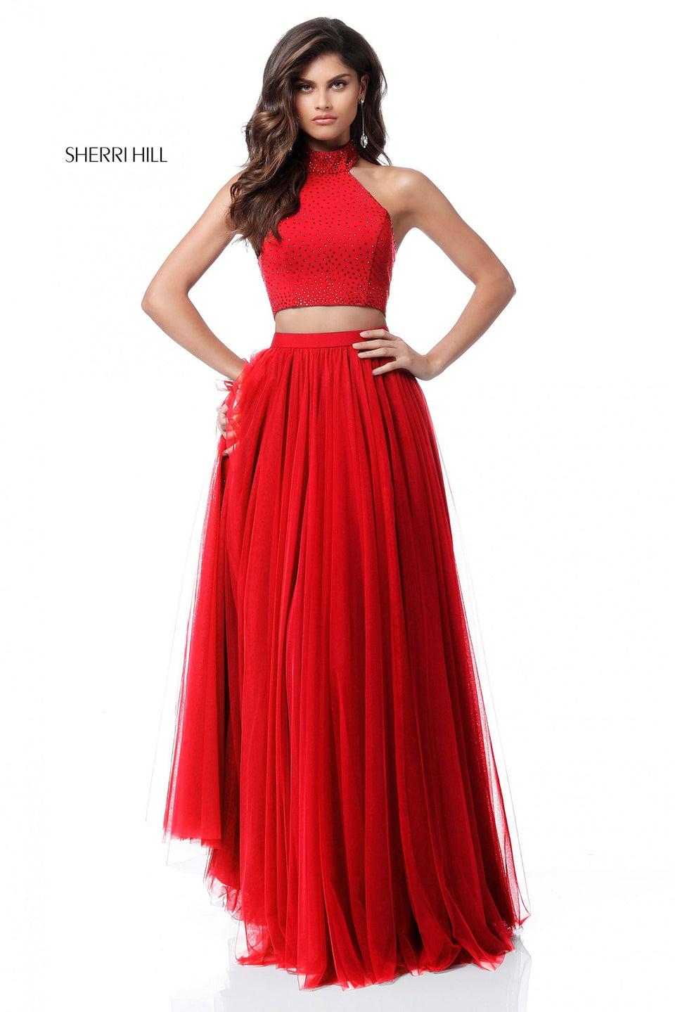 Sherri Hill Two Piece With Beaded Jersey Top And Chiffon Slit Skirt