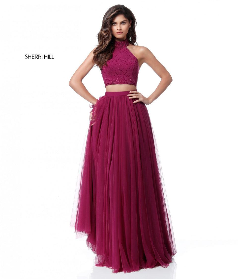 Sherri Hill Two Piece With Beaded Jersey Top And Chiffon Slit Skirt