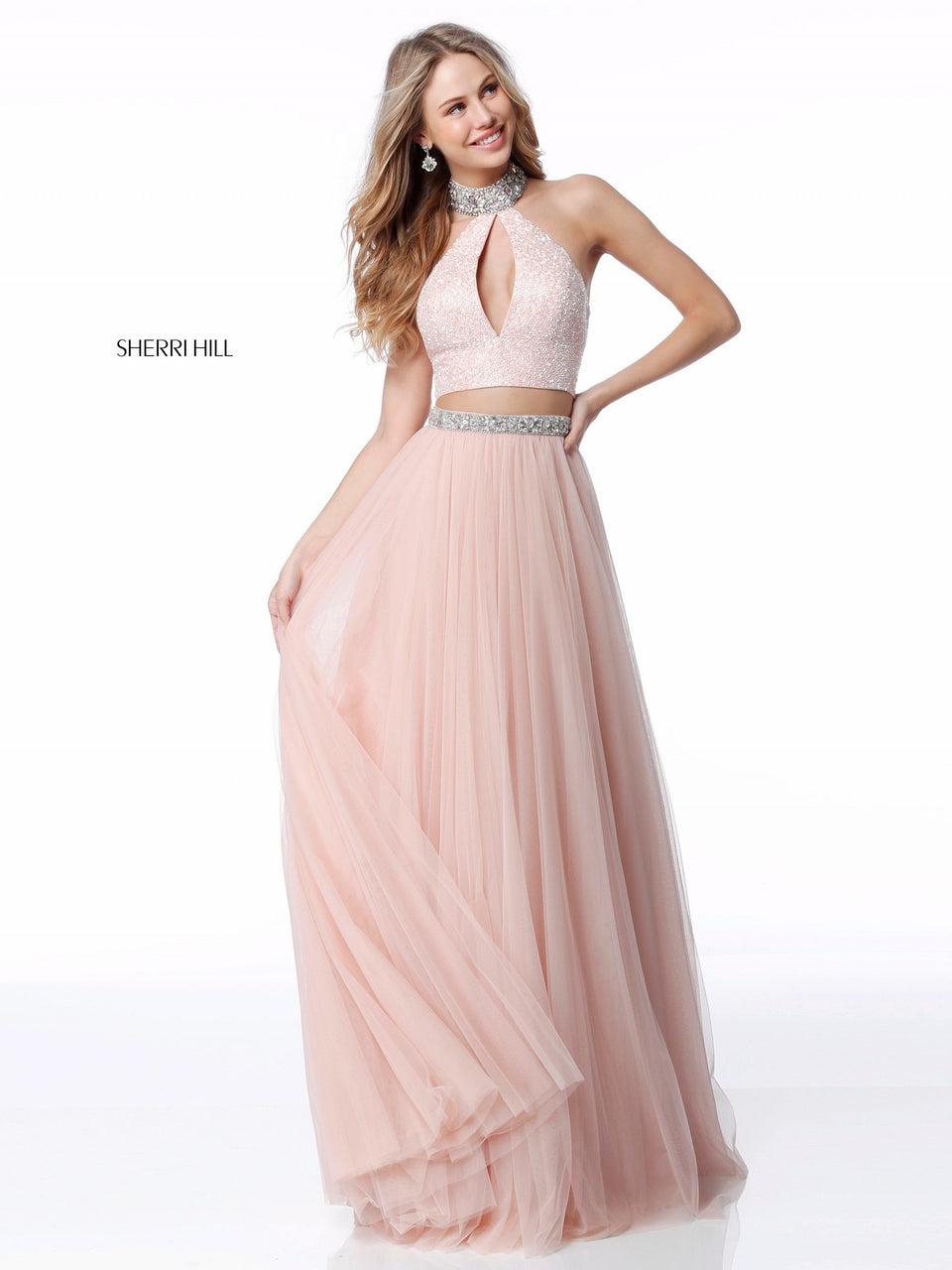sherri hill Two piece with beaded keyhole halter bodice and chiffon skirt with beaded belt
