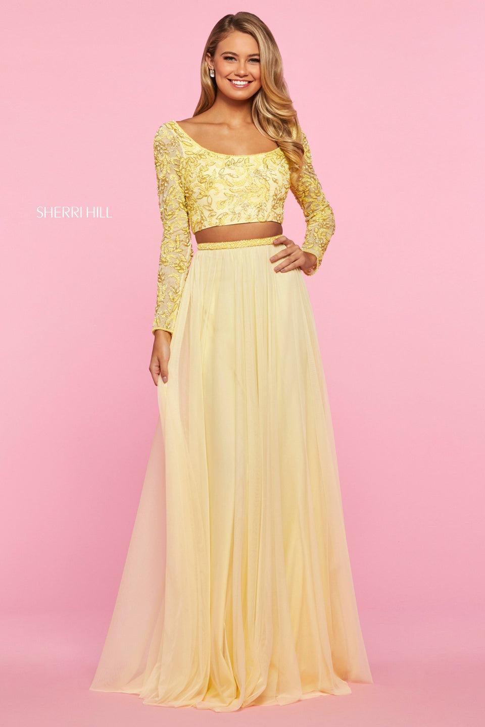 sherri hill Two piece with beaded long sleeve bodice and chiffon skirt