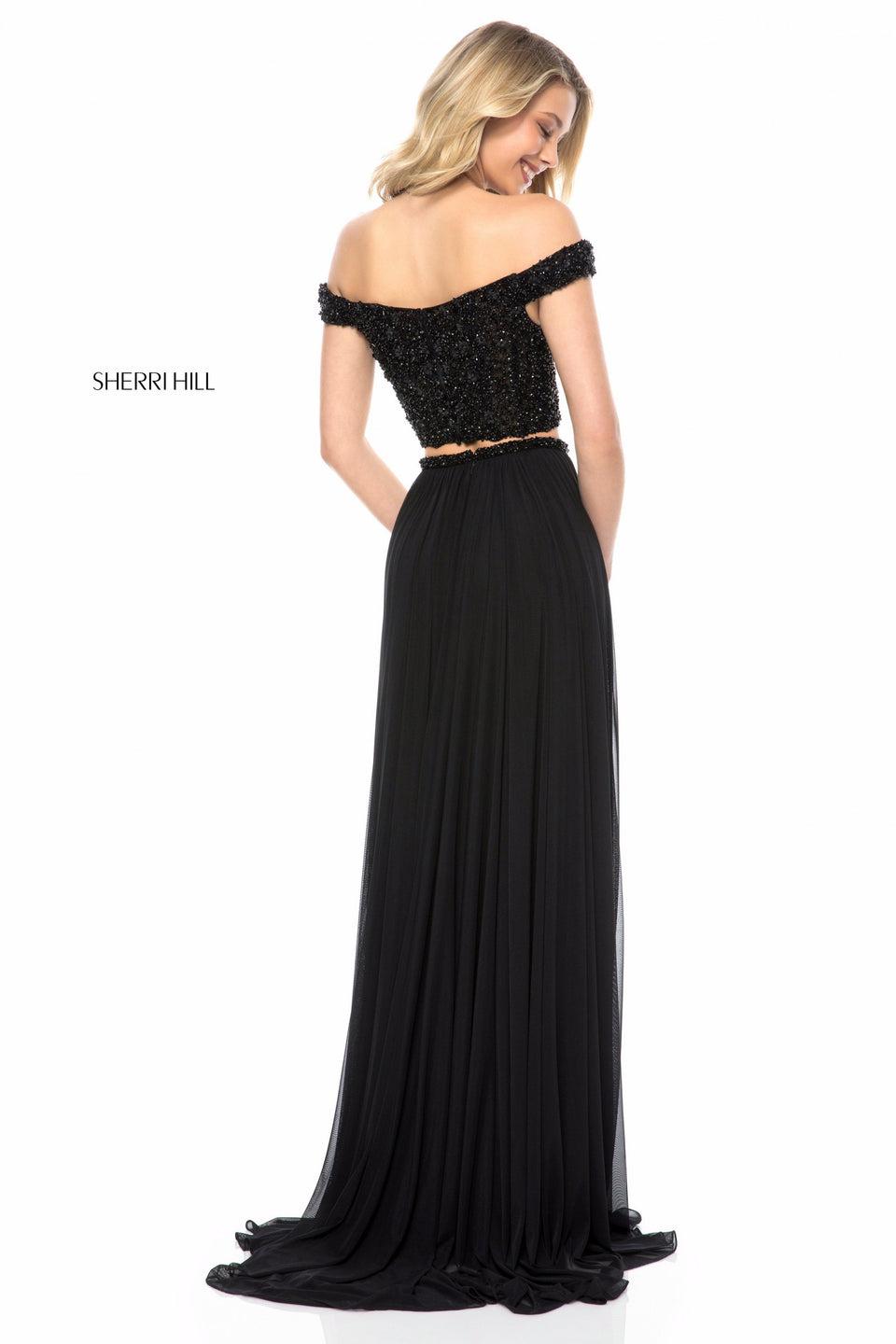 Sherri Hill Two Piece With Beaded Off Shoulder Bodice And Chiffon Slit Skirt