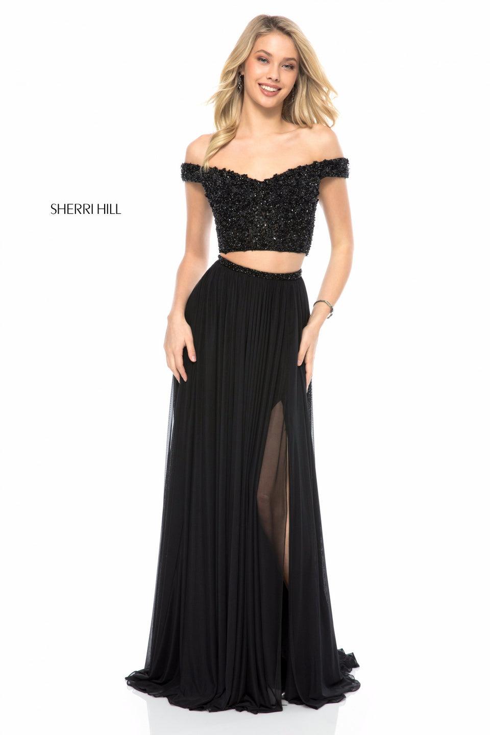 sherri hill Two piece with beaded off shoulder bodice and chiffon slit skirt
