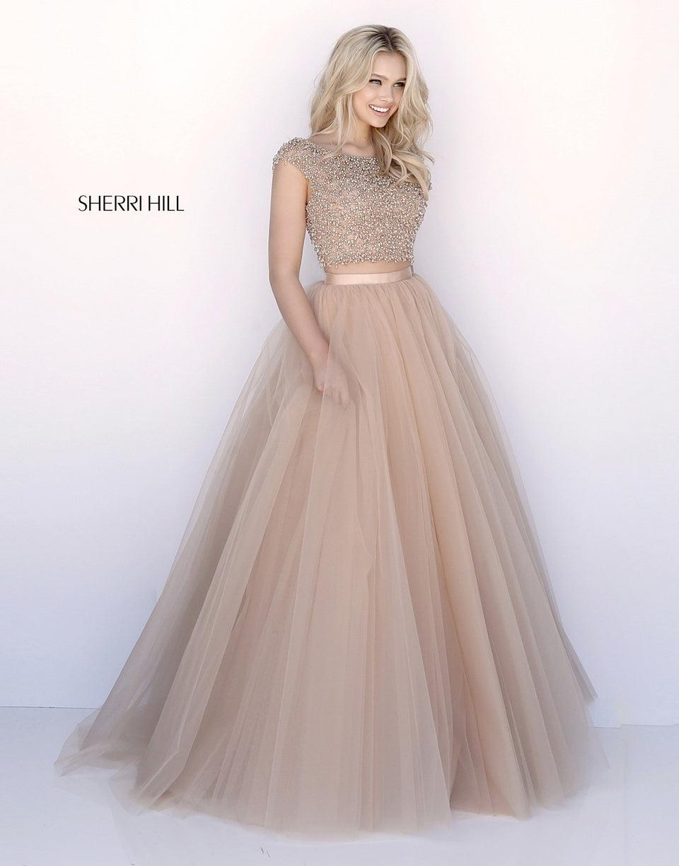 Sherri Hill Two Piece With Cap Sleeve Beaded Bodice And Tulle Ball Gown Skirt