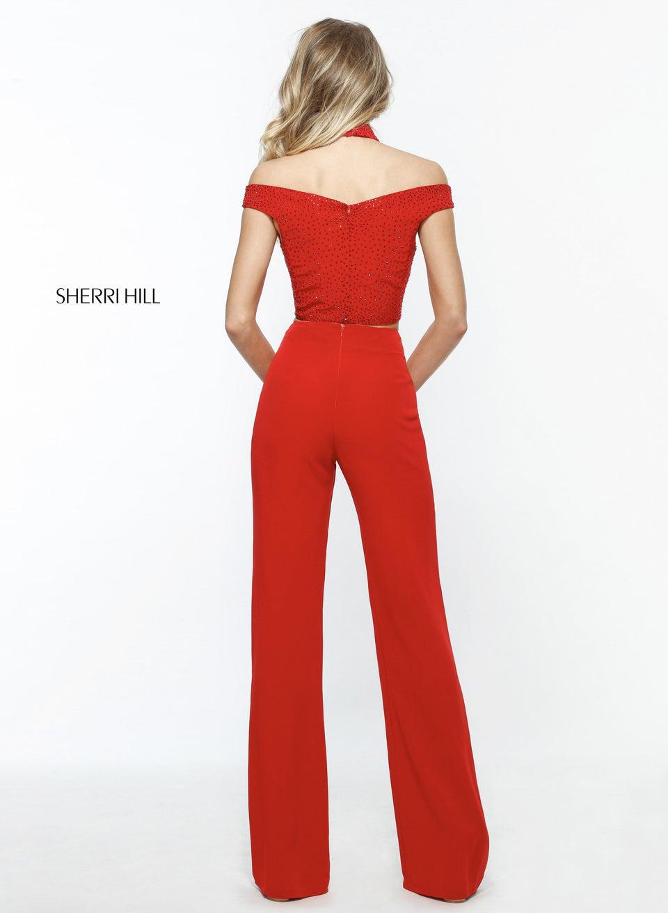 Sherri Hill Two Piece With Crepe Pants And Sequin Stretch Scuba Off-the-shoulder Bodice With Matching Choker