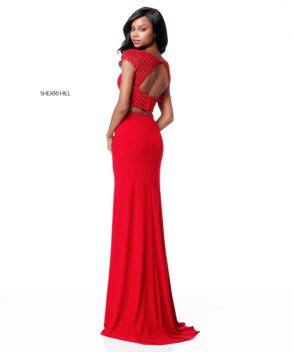 Sherri Hill Two Piece With Cross Stitch Beaded Bodice And Jersey Slit Skirt