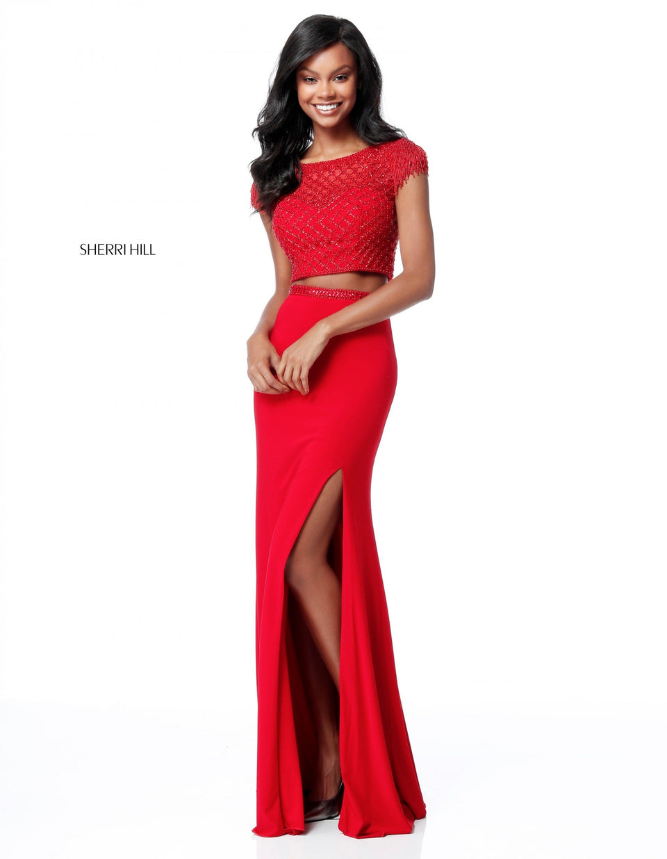 sherri hill Two piece with cross stitch beaded bodice and jersey slit skirt