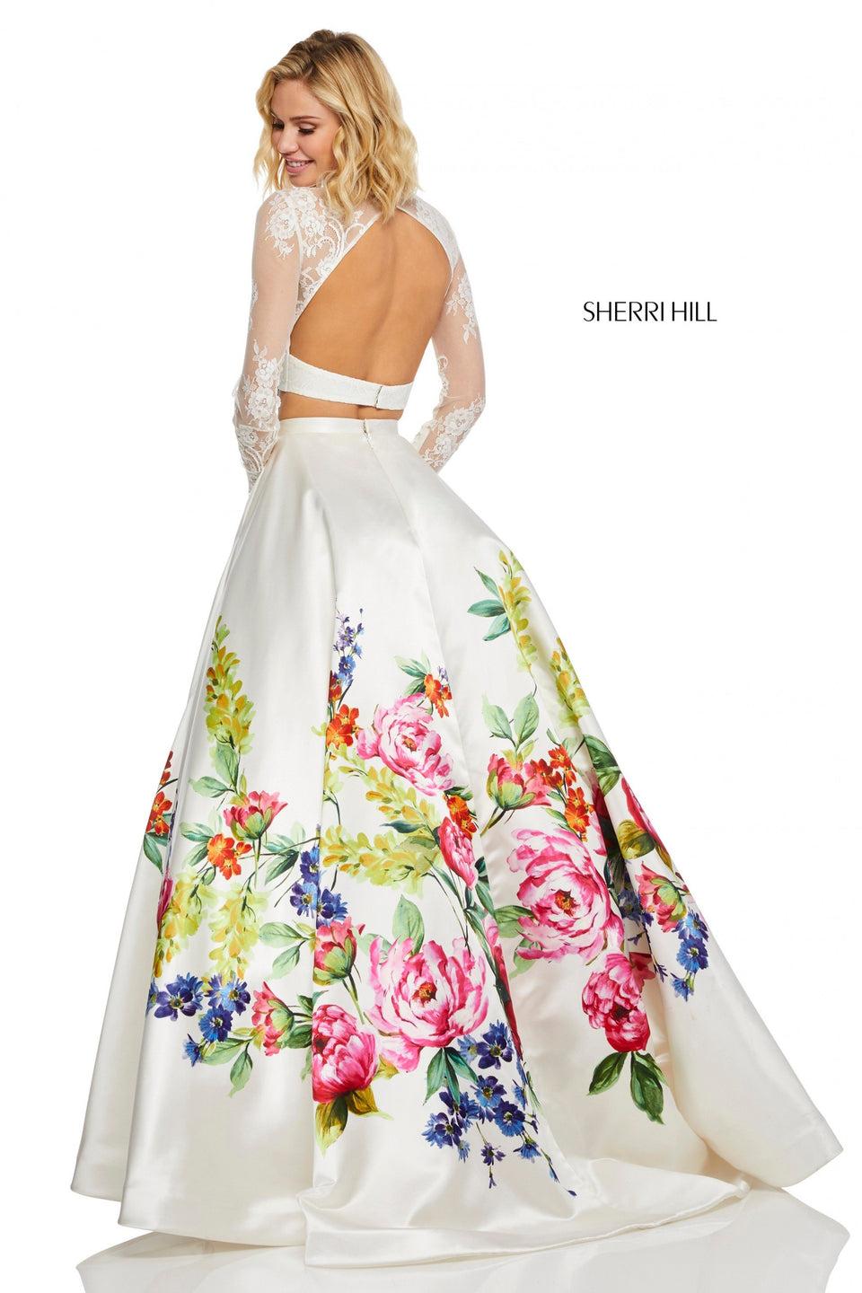 Sherri Hill Two-piece With Floral Printed Satin Ball Gown Skirt And Long Sleeve Lace Top