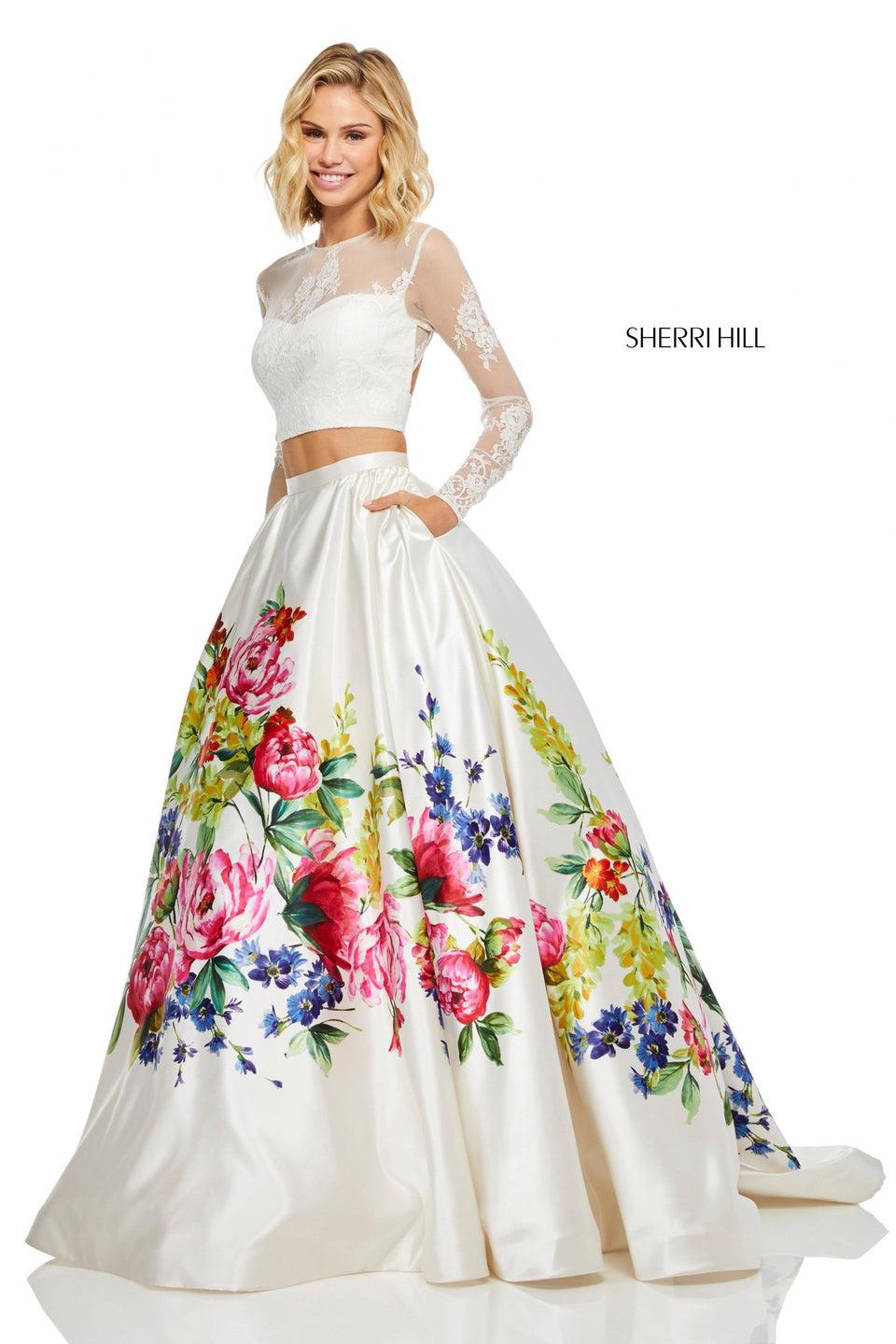 sherri hill Two-piece with floral printed satin ball gown skirt and long sleeve lace top