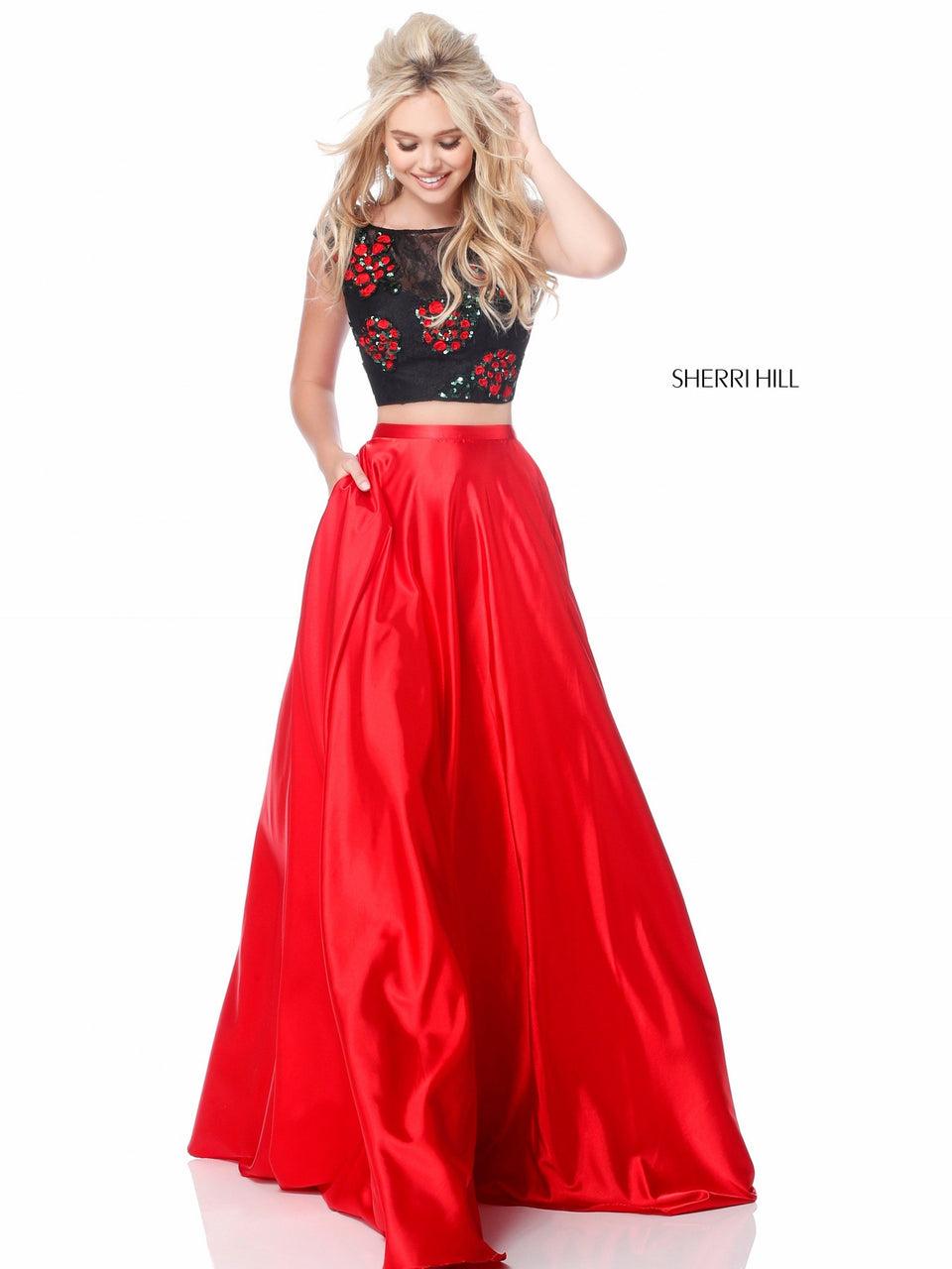 Sherri Hill Two Piece With Flower Appliqued Bodice And Charmeuse Skirt
