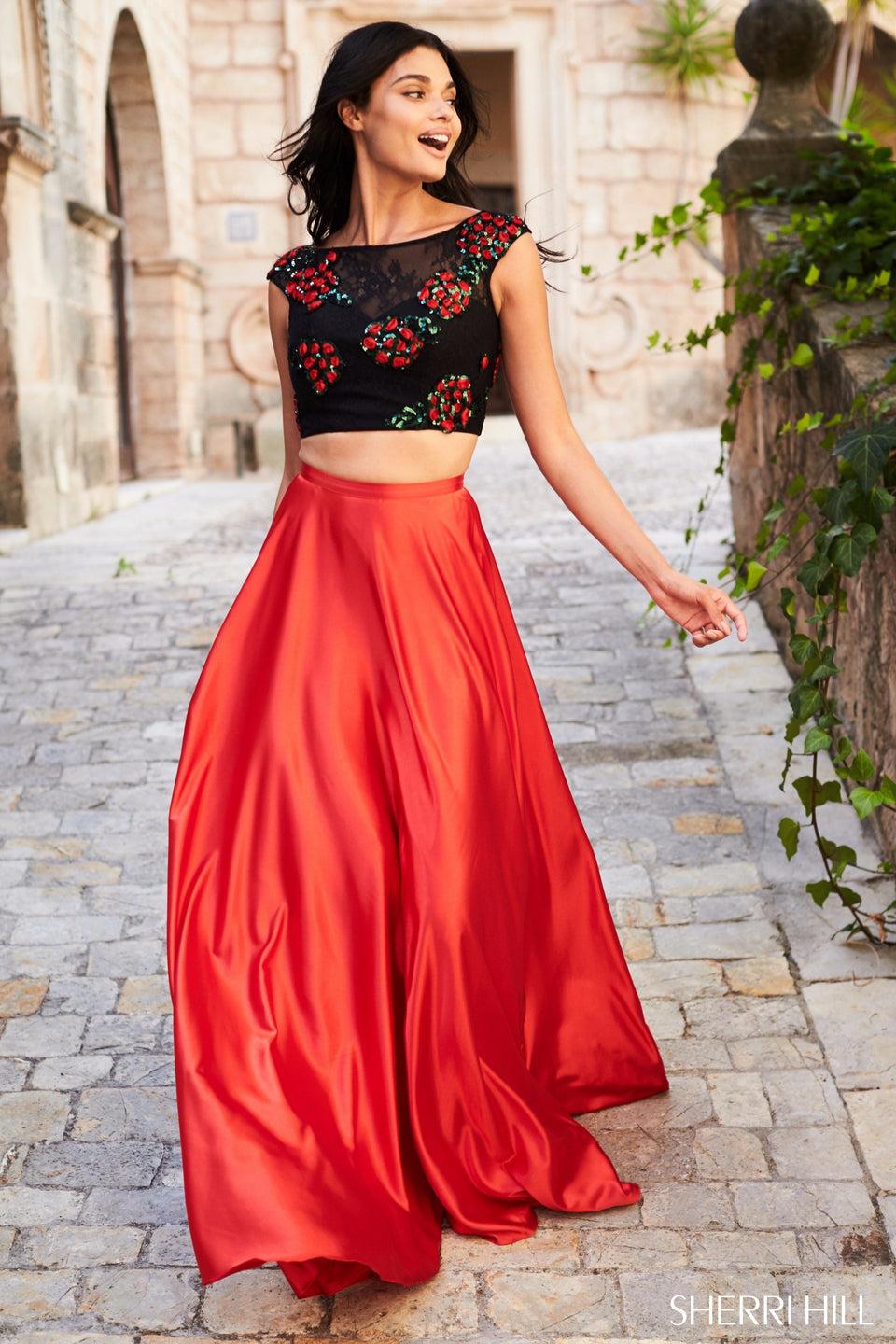 sherri hill Two piece with flower appliqued bodice and charmeuse skirt