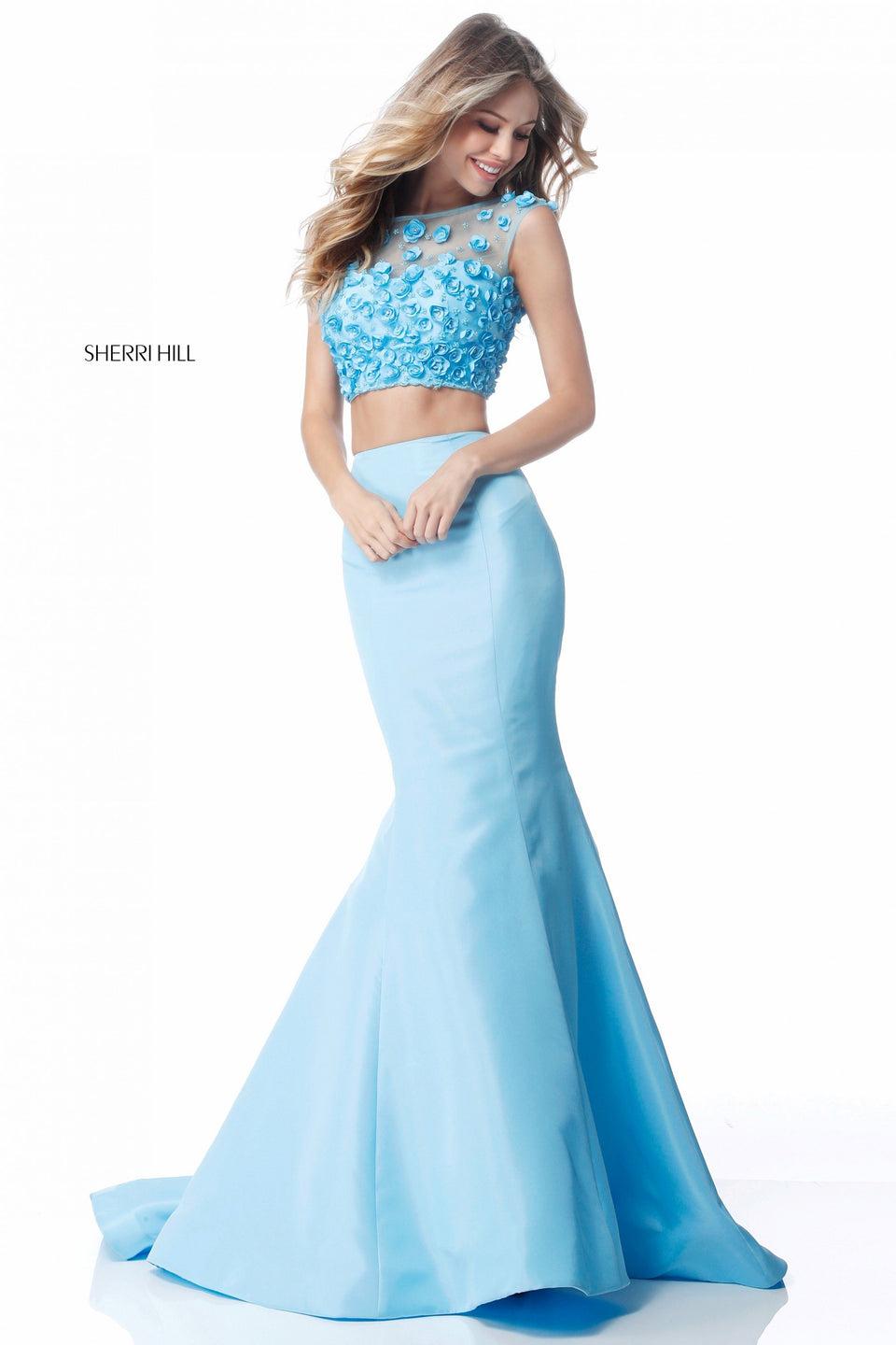 sherri hill Two piece with flower appliqued bodice and taffeta mermaid skirt