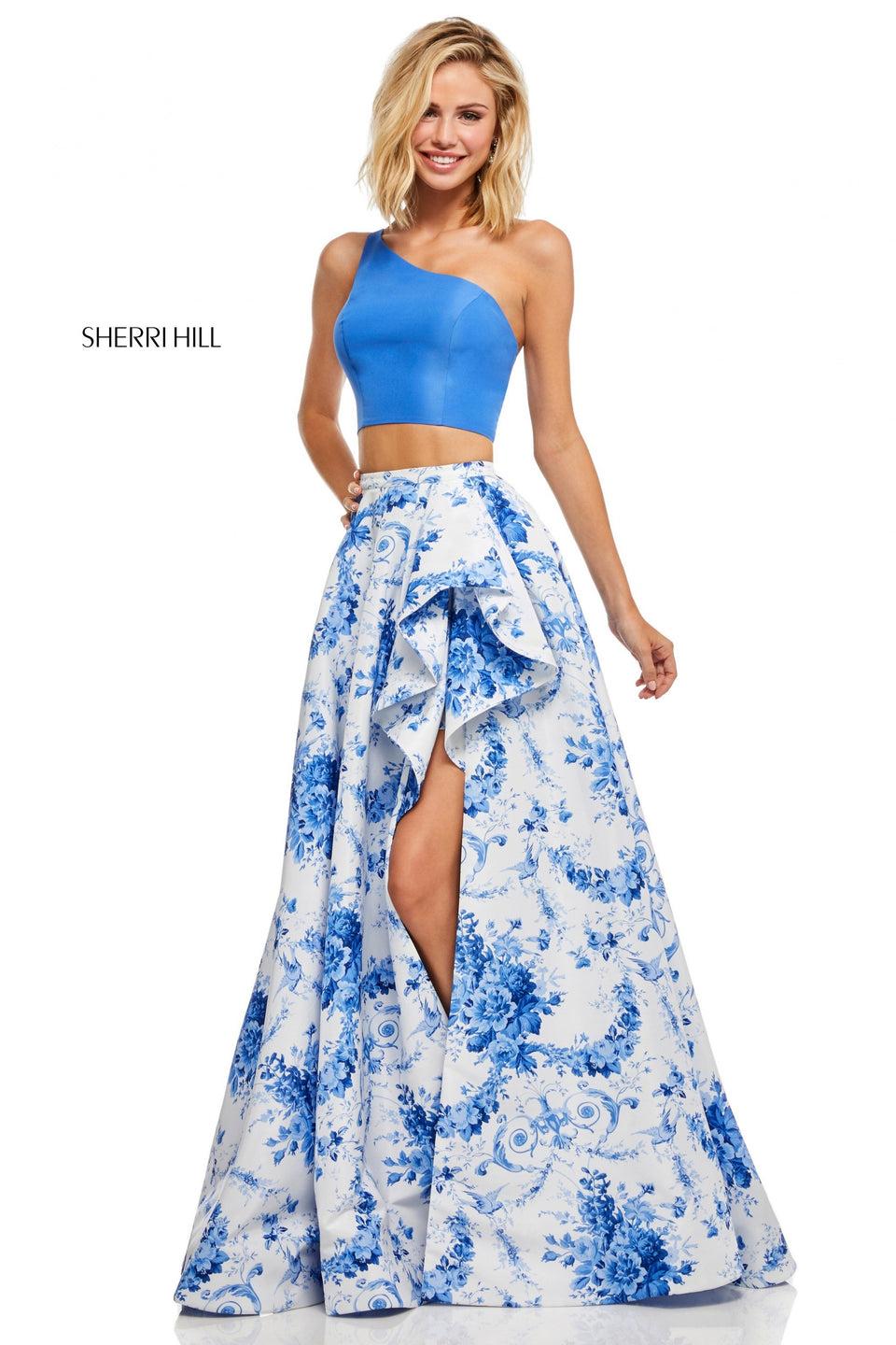 Sherri Hill Two-piece With Ivory Blue Print A-line Skirt With A Ruffled Front Slit And One-shoulder Bodice