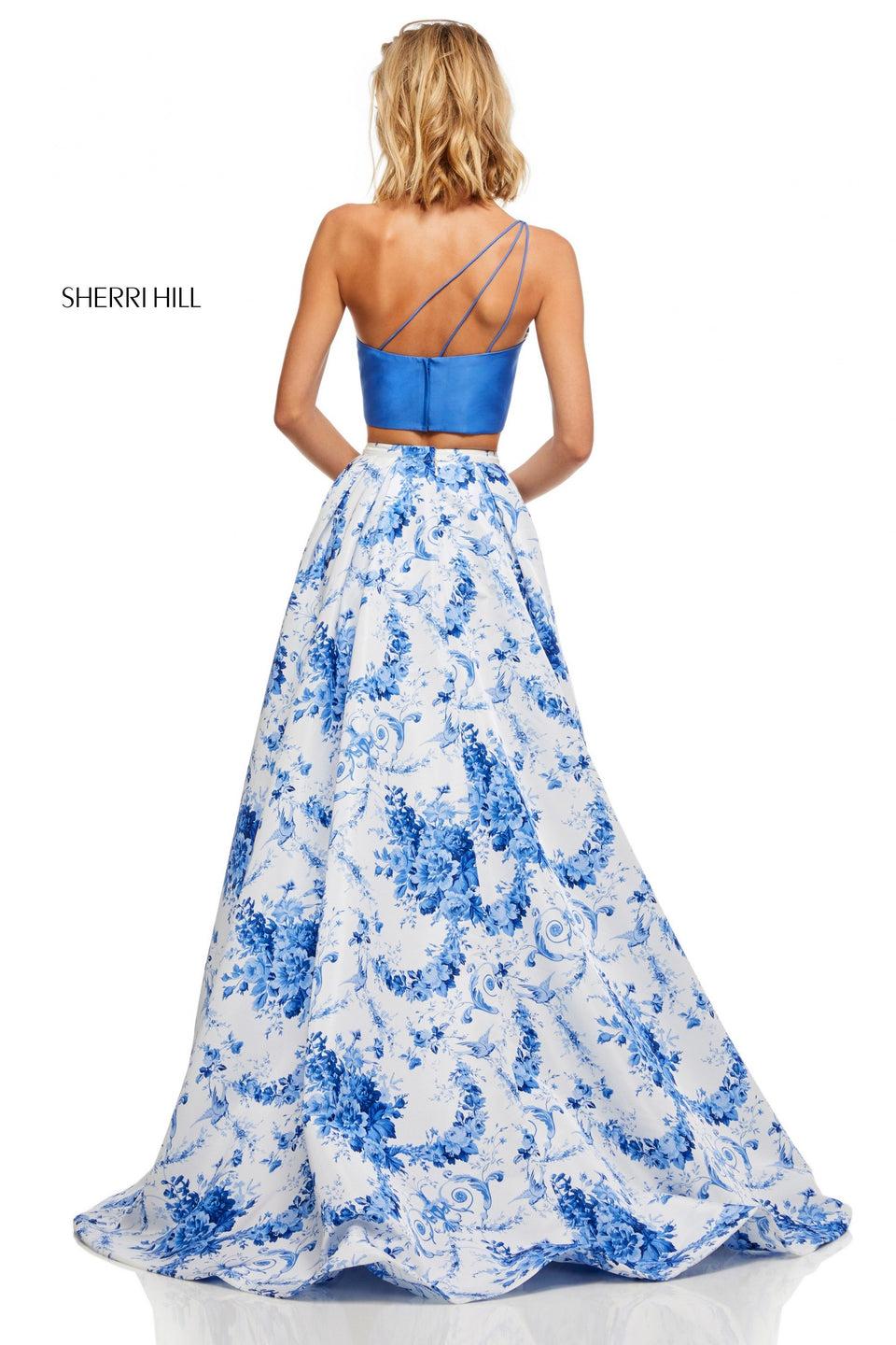 Sherri Hill Two-piece With Ivory Blue Print A-line Skirt With A Ruffled Front Slit And One-shoulder Bodice