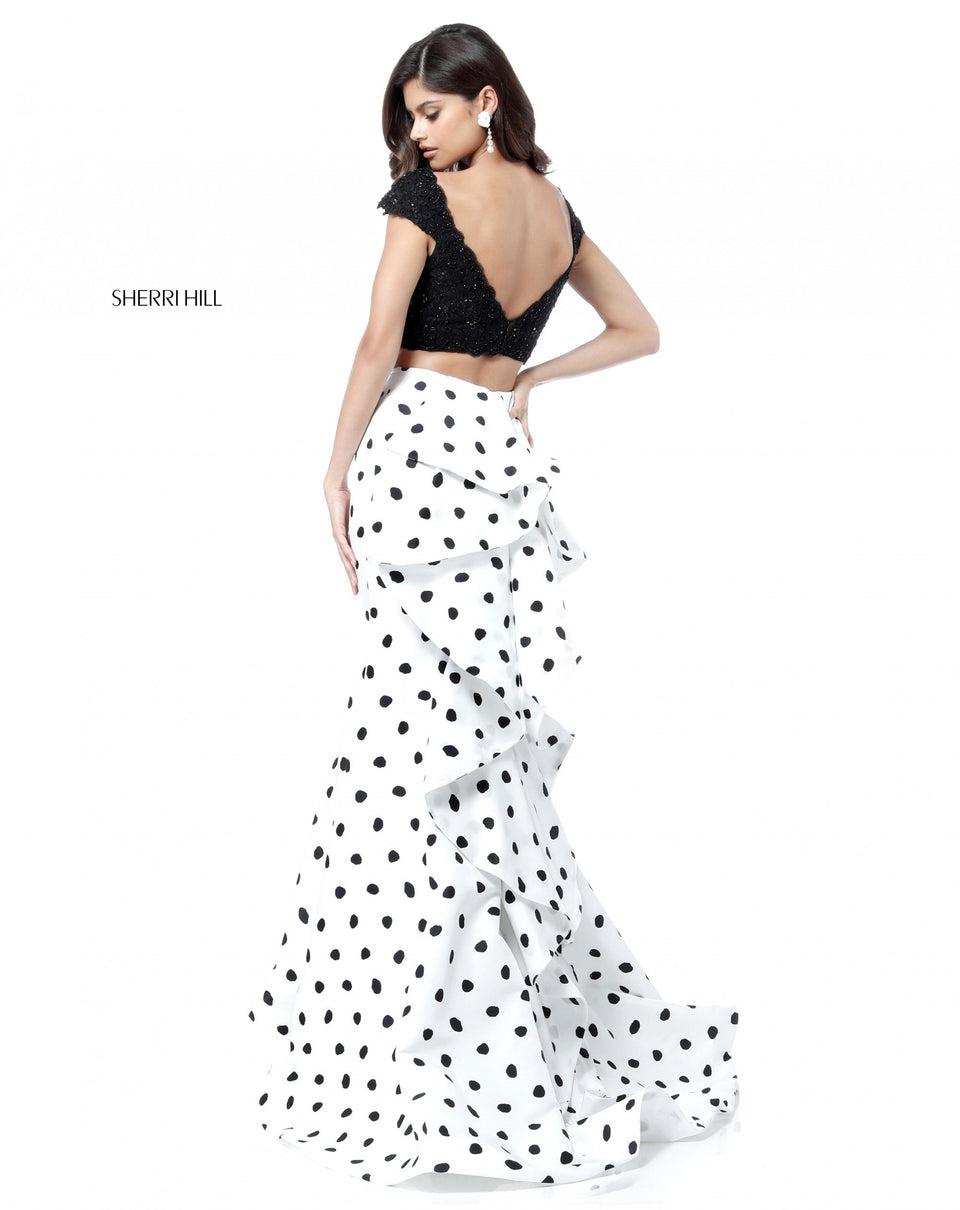 Sherri Hill Two Piece With Lace Appliqued Bodice And Polka Dot Taffeta Mermaid Skirt With Ruffles On The Back