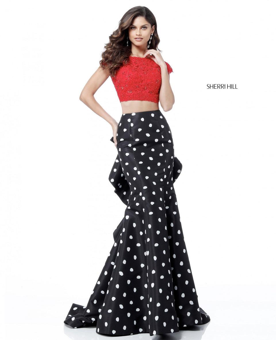 sherri hill Two piece with lace appliqued bodice and polka dot taffeta mermaid skirt with ruffles on the back