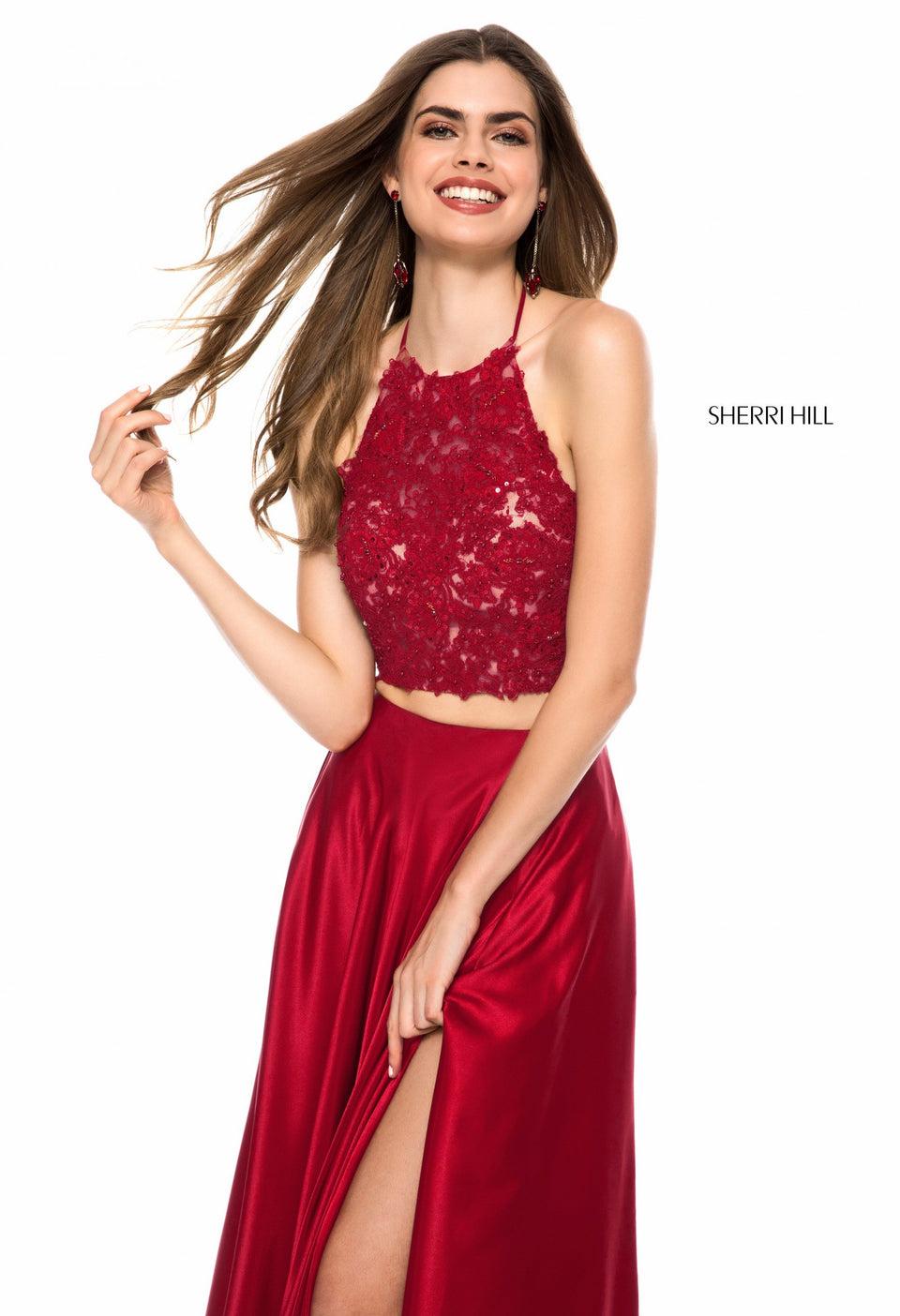 Sherri Hill Two Piece With Lace Appliqued Top And Charmeuse Slit Skirt