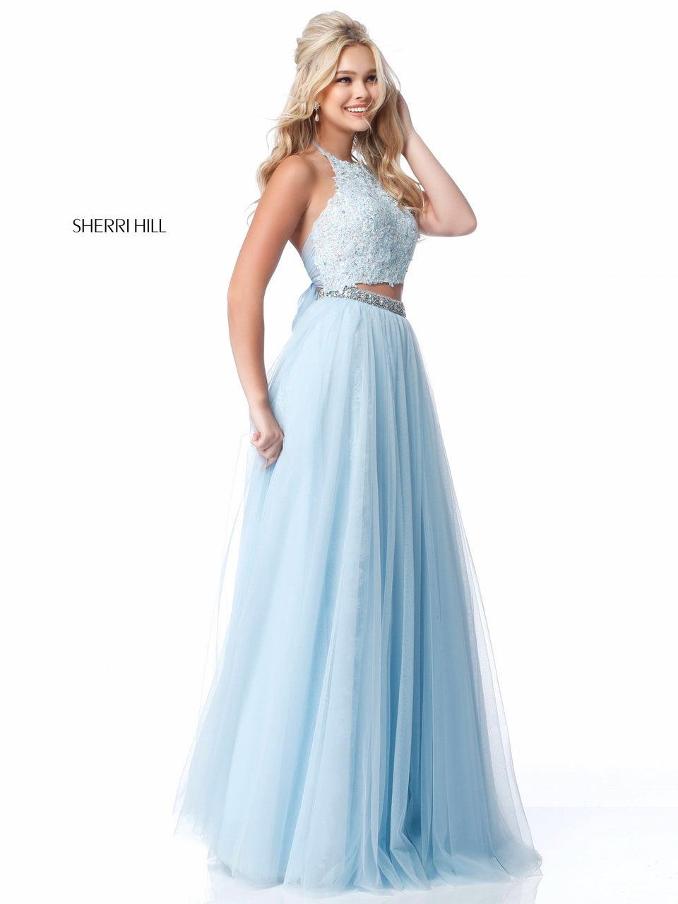 Sherri Hill Two Piece With Lace Appliqued Top And Chiffon Skirt With Bead Encrusted Belt