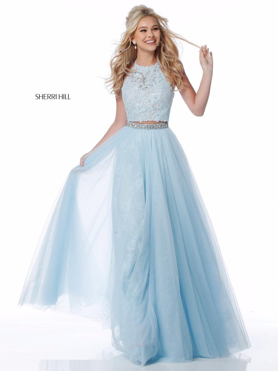 Sherri Hill Two Piece With Lace Appliqued Top And Chiffon Skirt With Bead Encrusted Belt