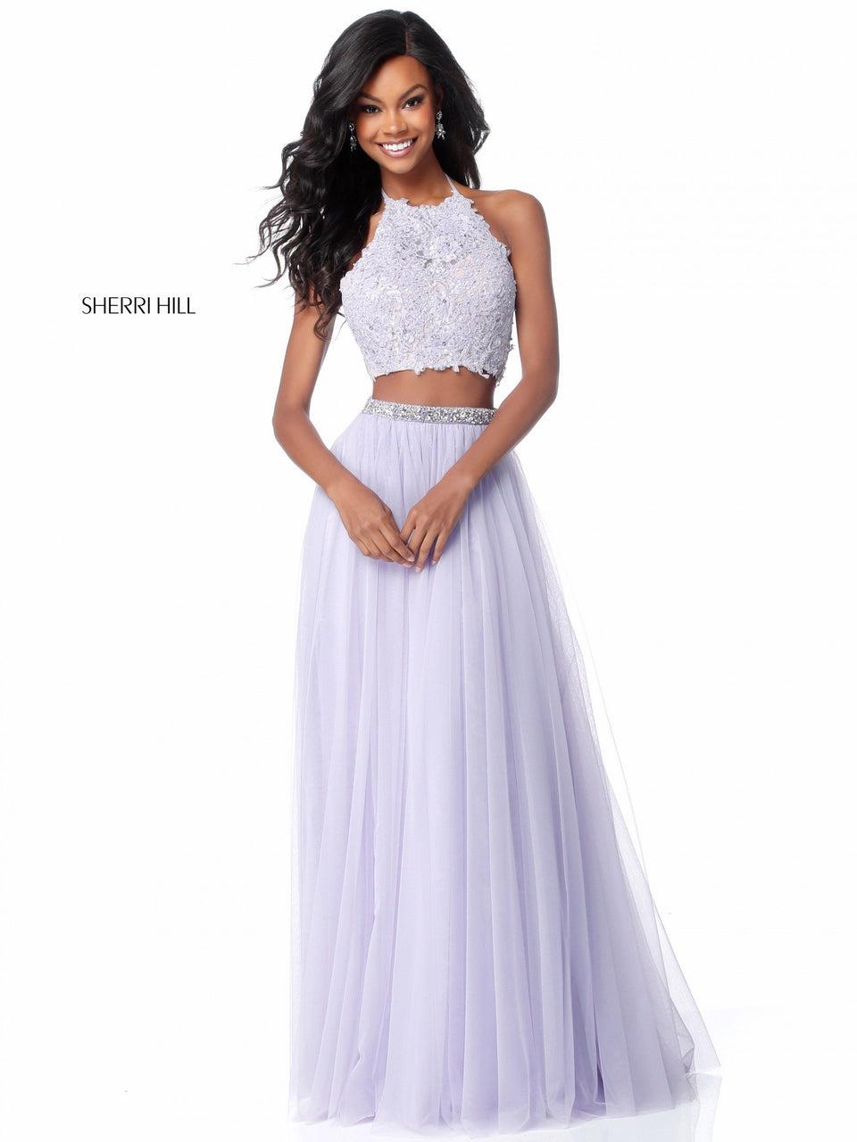 sherri hill Two piece with lace appliqued top and chiffon skirt with bead encrusted belt