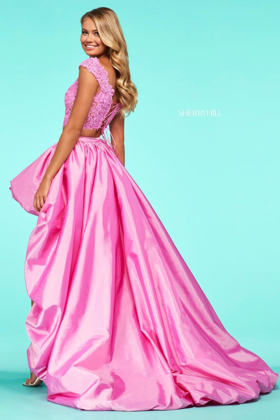 Sherri Hill Two Piece With Lace Cap Sleeve Bodice With Corset Back And Taffeta High-low Bubble Skirt