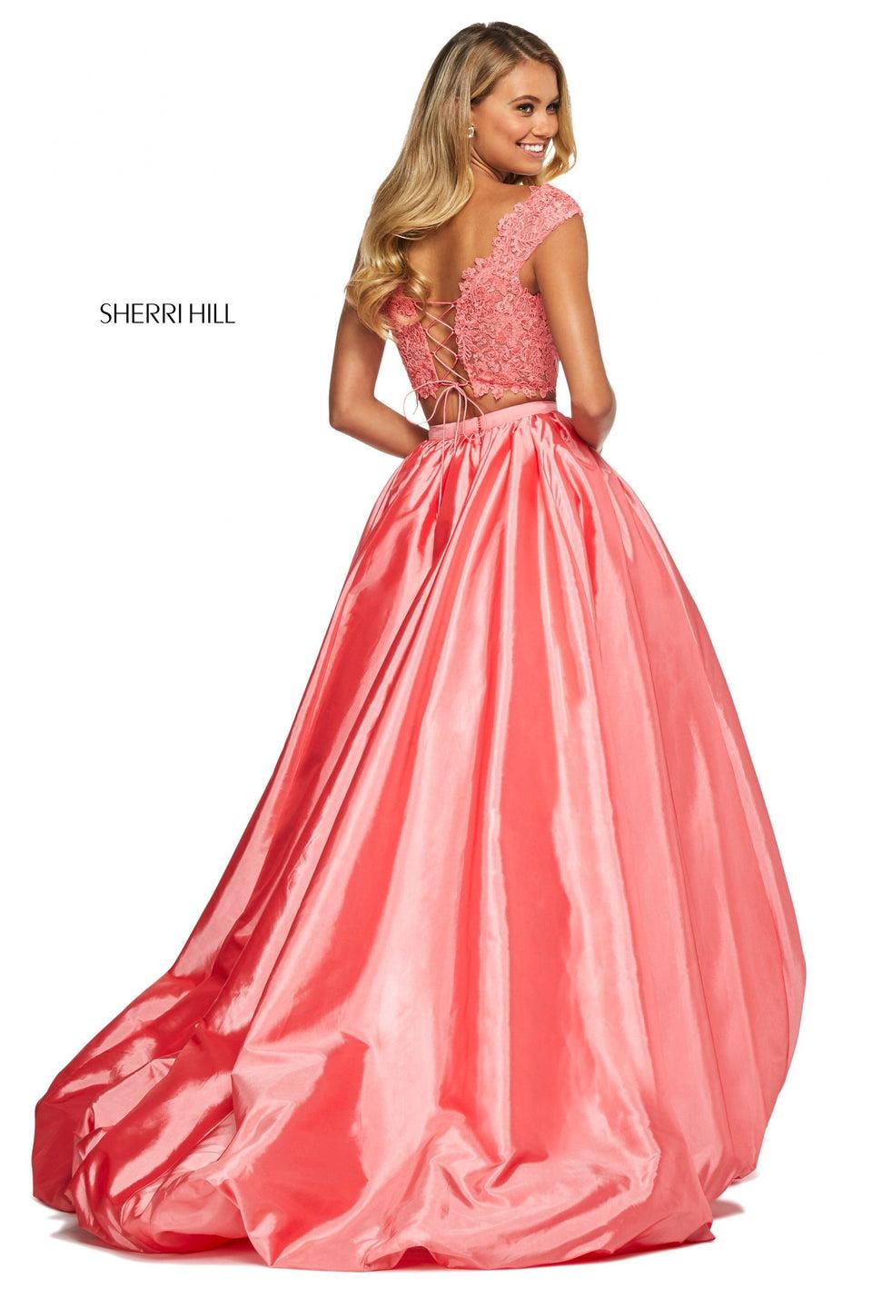 Sherri Hill Two Piece With Lace Cap Sleeve Bodice With Corset Back And Taffeta High-low Bubble Skirt