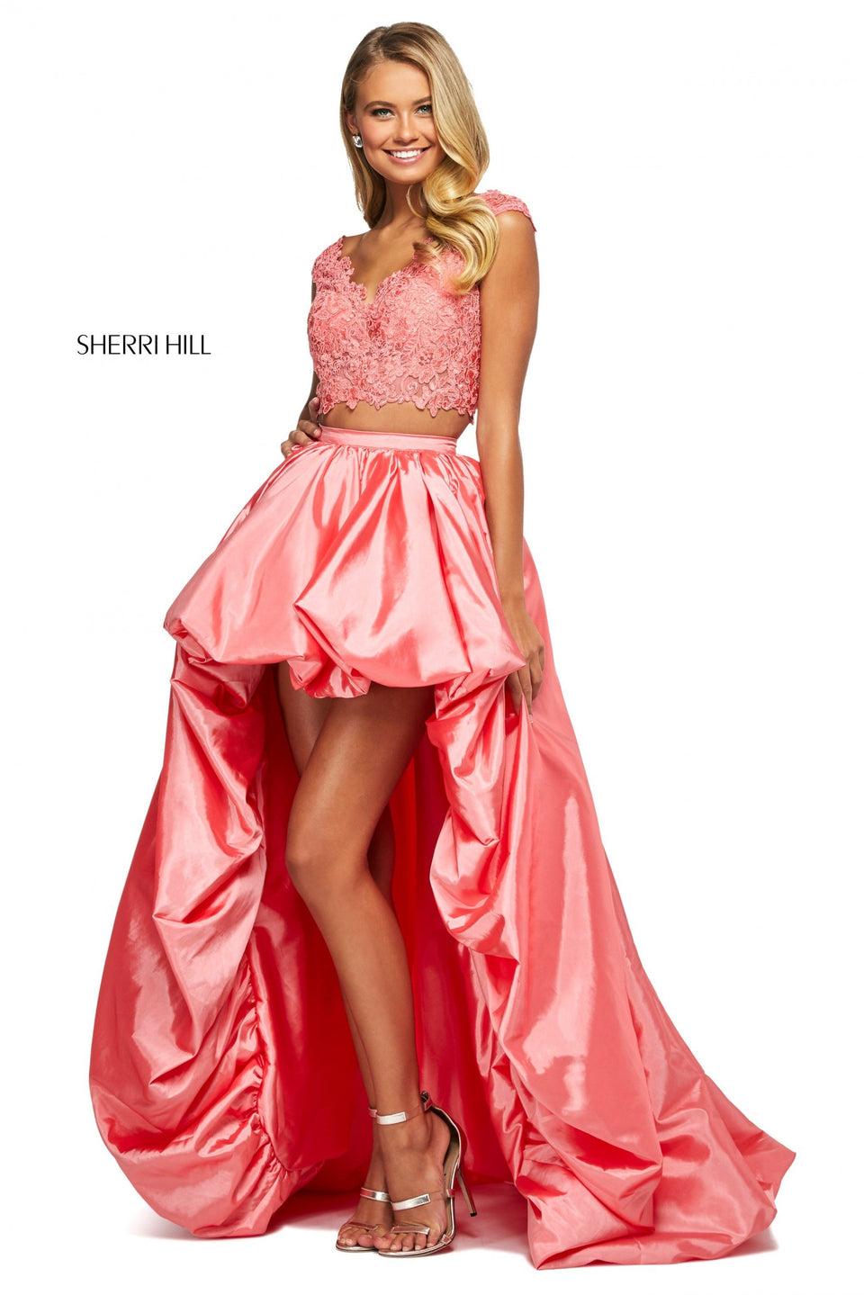 Sherri Hill Two Piece With Lace Cap Sleeve Bodice With Corset Back And Taffeta High-low Bubble Skirt
