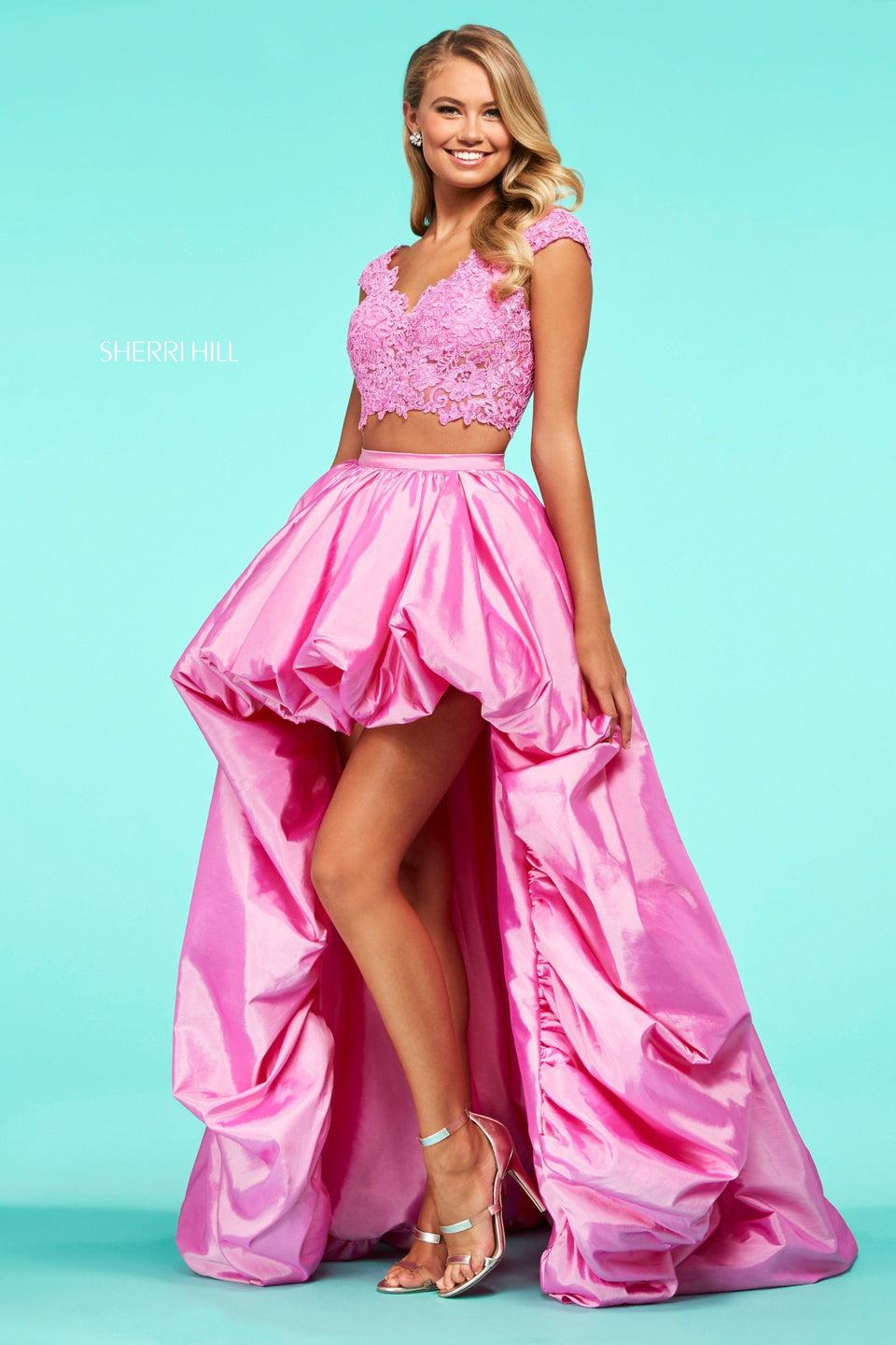 sherri hill Two piece with lace cap sleeve bodice with corset back and taffeta high-low bubble skirt