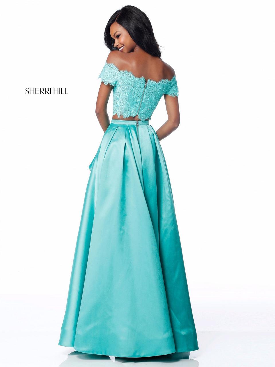 Sherri Hill Two Piece With Lace Off-the-shoulder Crop Top And Satin Skirt With Ruffled Side Opening