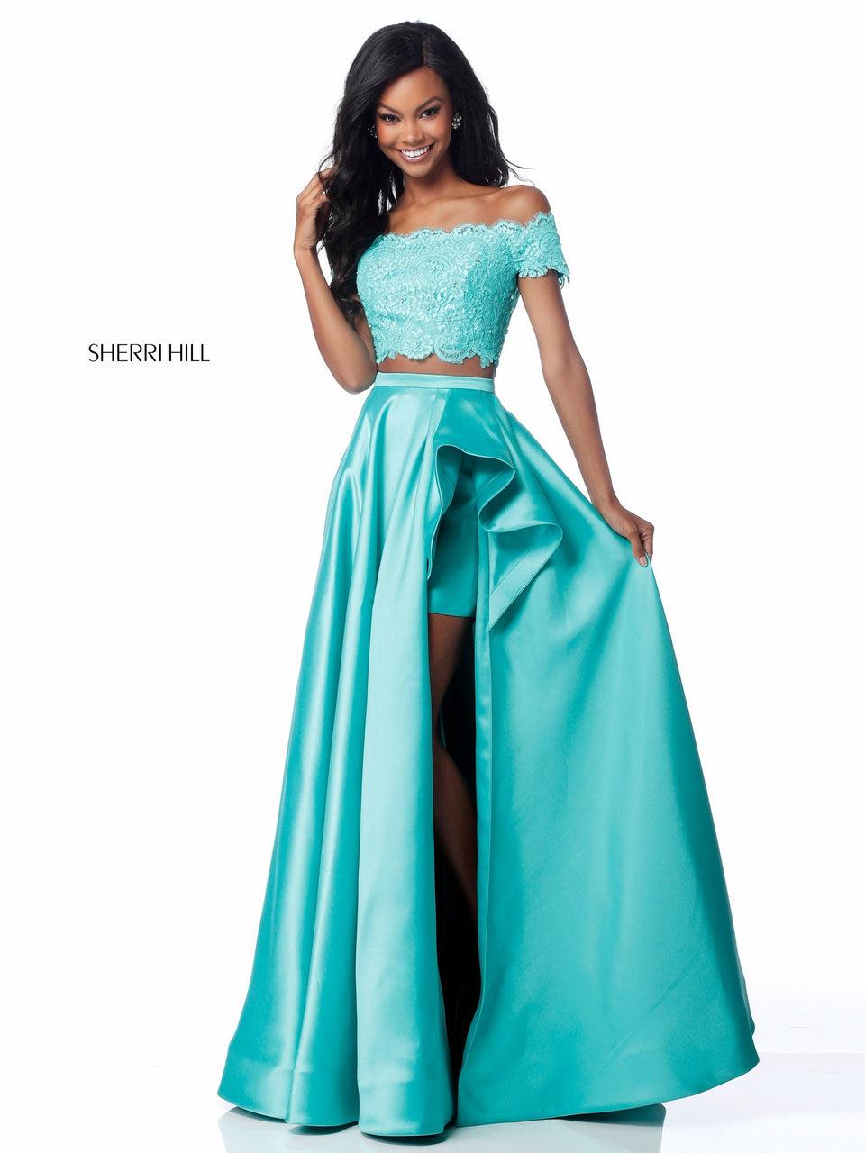 Sherri Hill Two Piece With Lace Off-the-shoulder Crop Top And Satin Skirt With Ruffled Side Opening