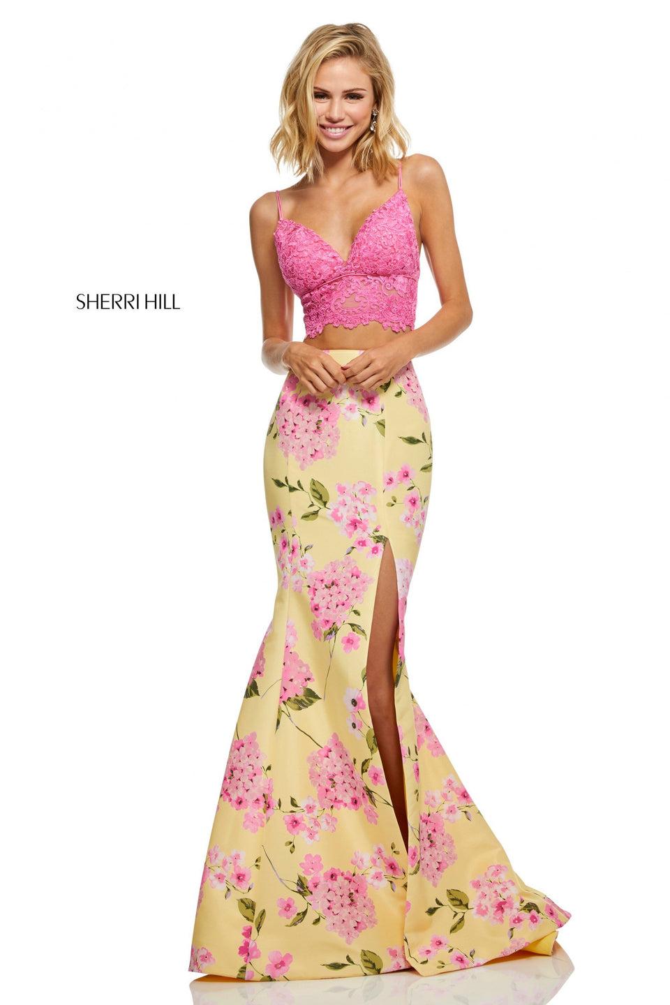 Sherri Hill Two-piece With Lace Top And Floral Print Mermaid Skirt With A Slit