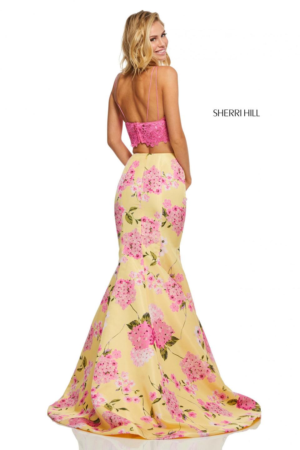 Sherri Hill Two-piece With Lace Top And Floral Print Mermaid Skirt With A Slit