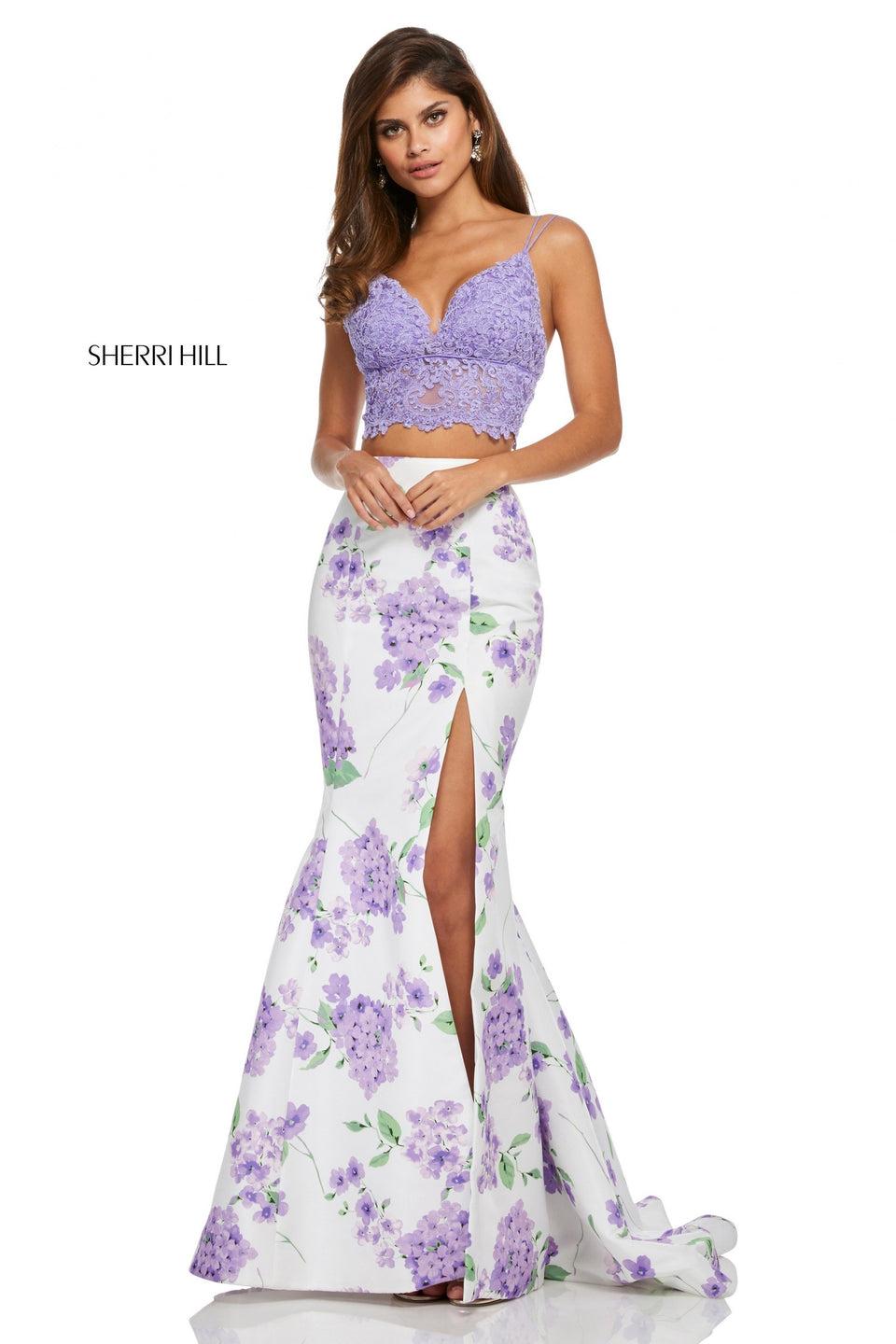 Sherri Hill Two-piece With Lace Top And Floral Print Mermaid Skirt With A Slit