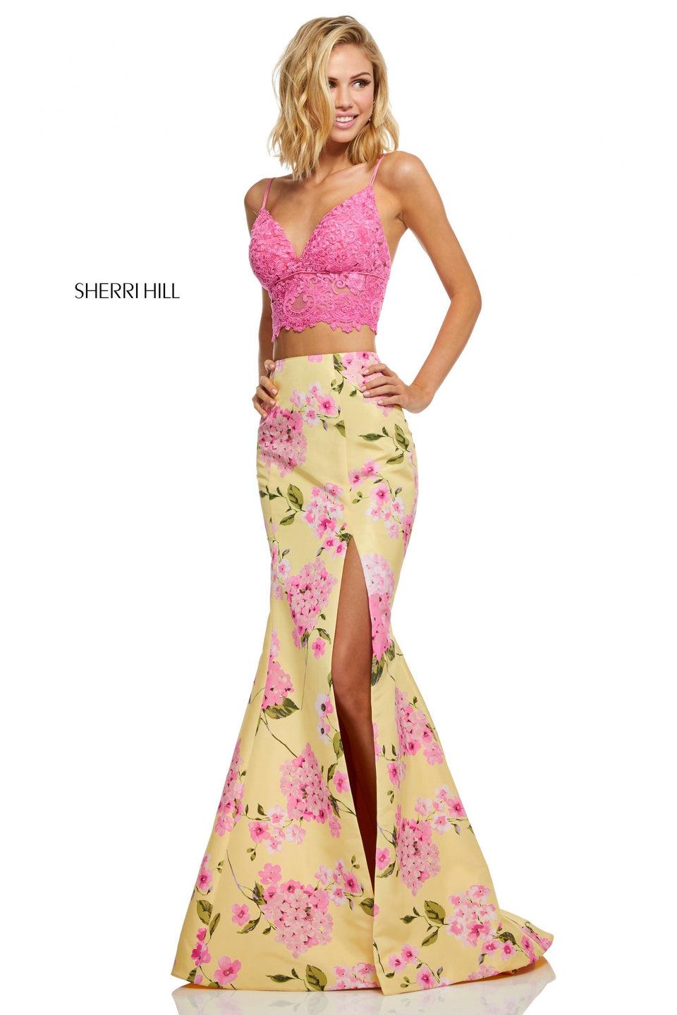 sherri hill Two-piece with lace top and floral print mermaid skirt with a slit