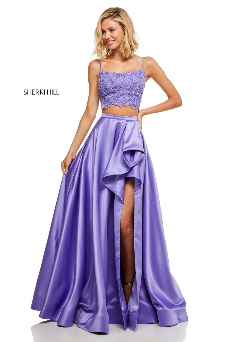 Sherri Hill Two-piece With Lace Top And Satin Skirt With Ruffled Skirt Slit