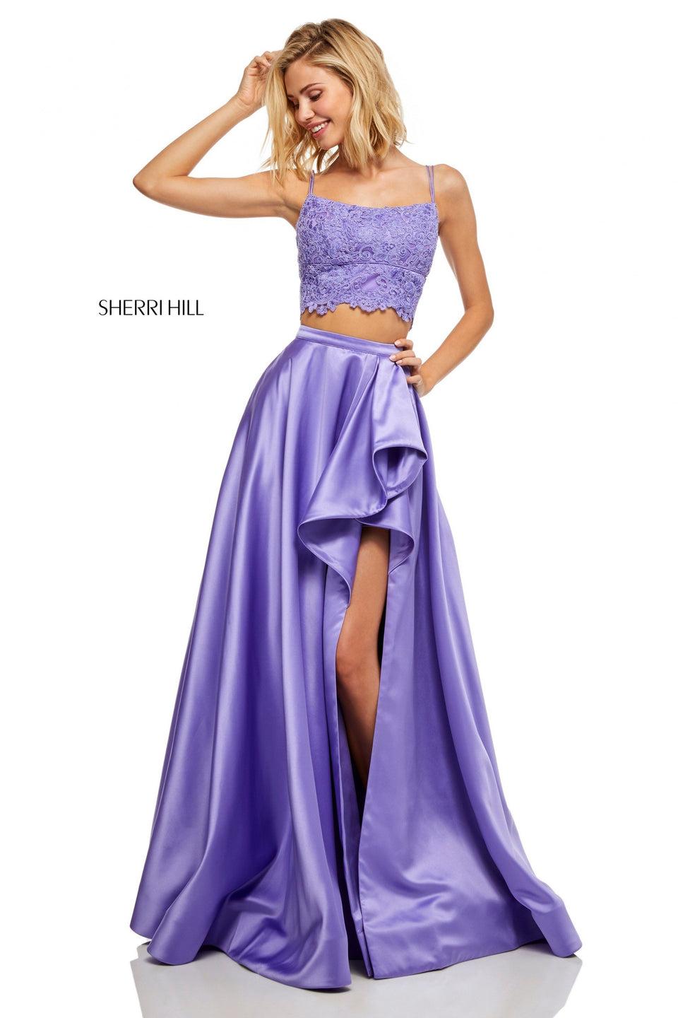Sherri Hill Two-piece With Lace Top And Satin Skirt With Ruffled Skirt Slit