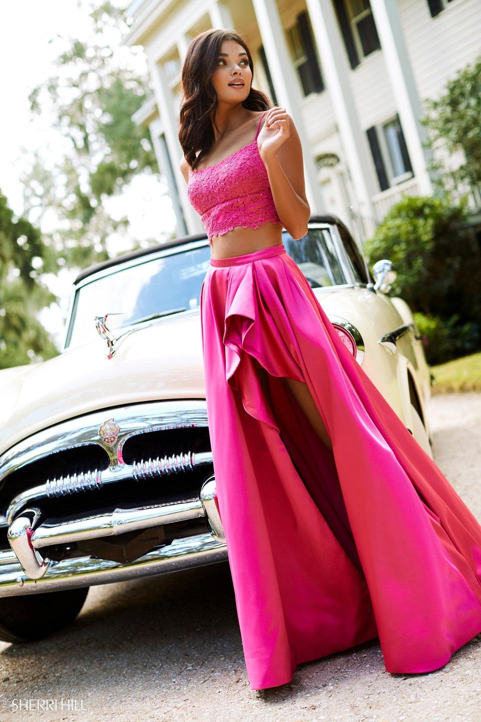 sherri hill Two-piece with lace top and satin skirt with ruffled skirt slit