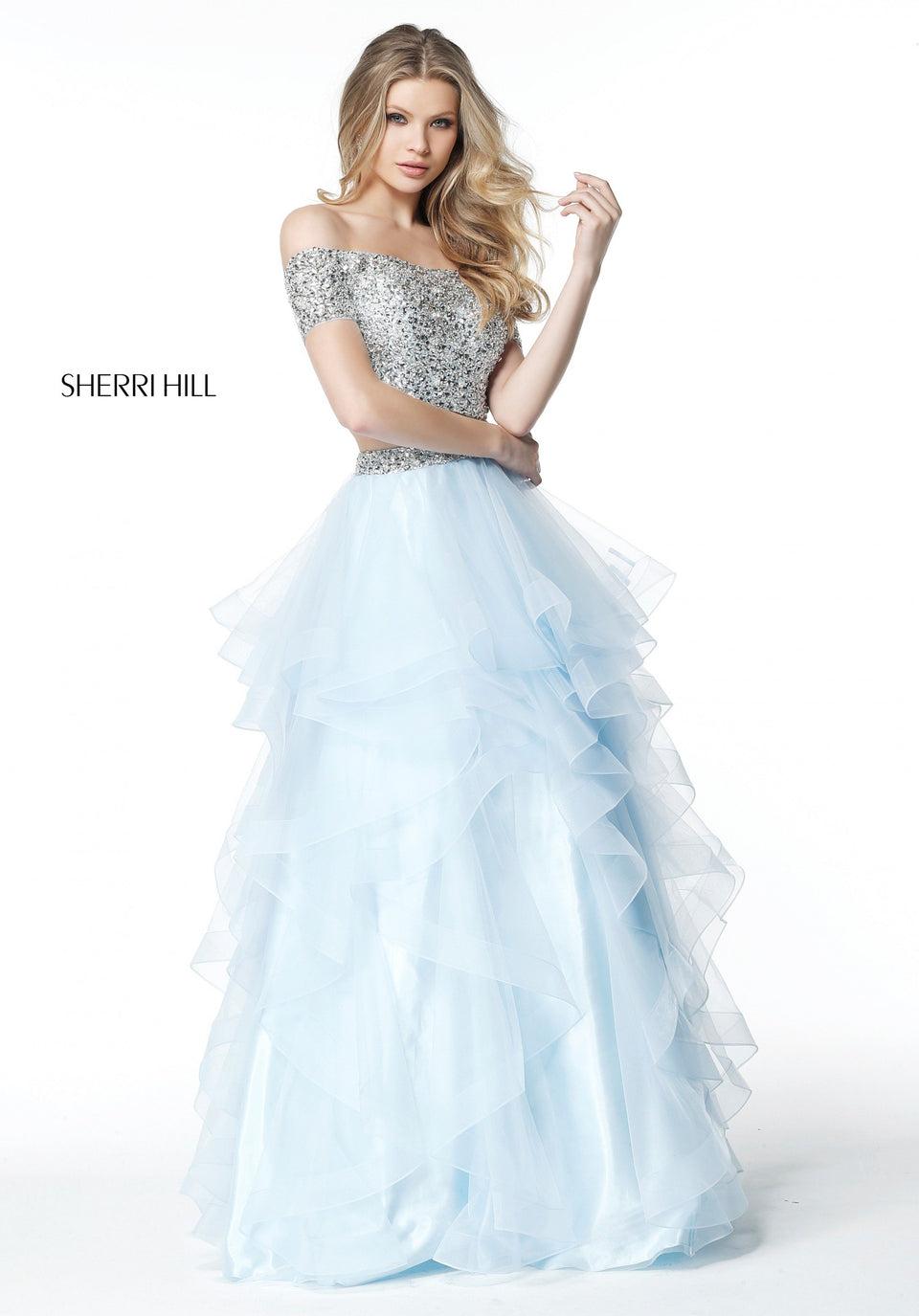 Sherri Hill Two Piece With Layered Tulle Ball Gown Skirt And Beaded Off-the-shoulder Bodice