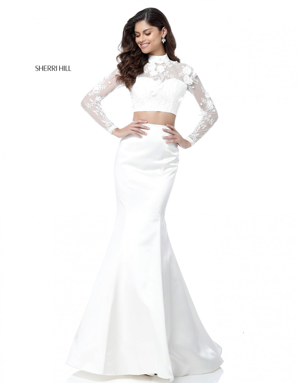 Sherri Hill Two Piece With Long Sleeve High Neck Lace Appliqued Bodice And Satin Mermaid Skirt