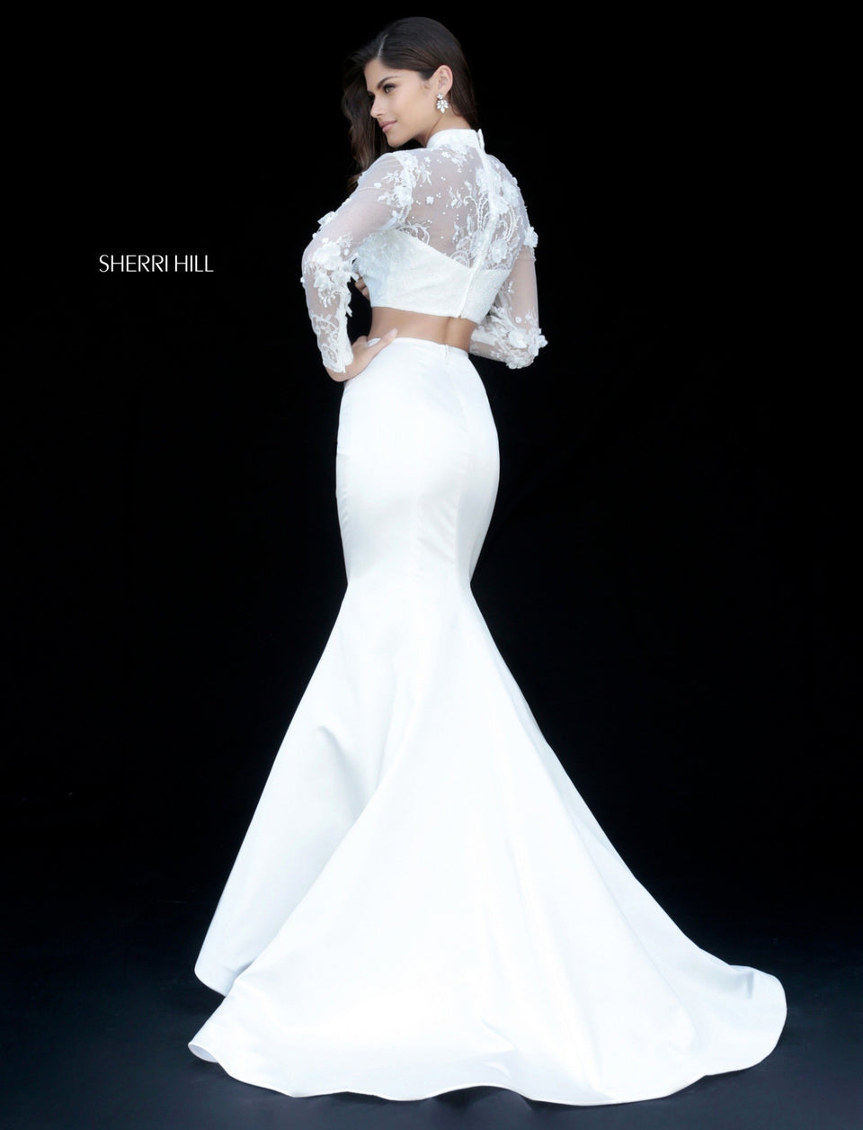 Sherri Hill Two Piece With Long Sleeve High Neck Lace Appliqued Bodice And Satin Mermaid Skirt