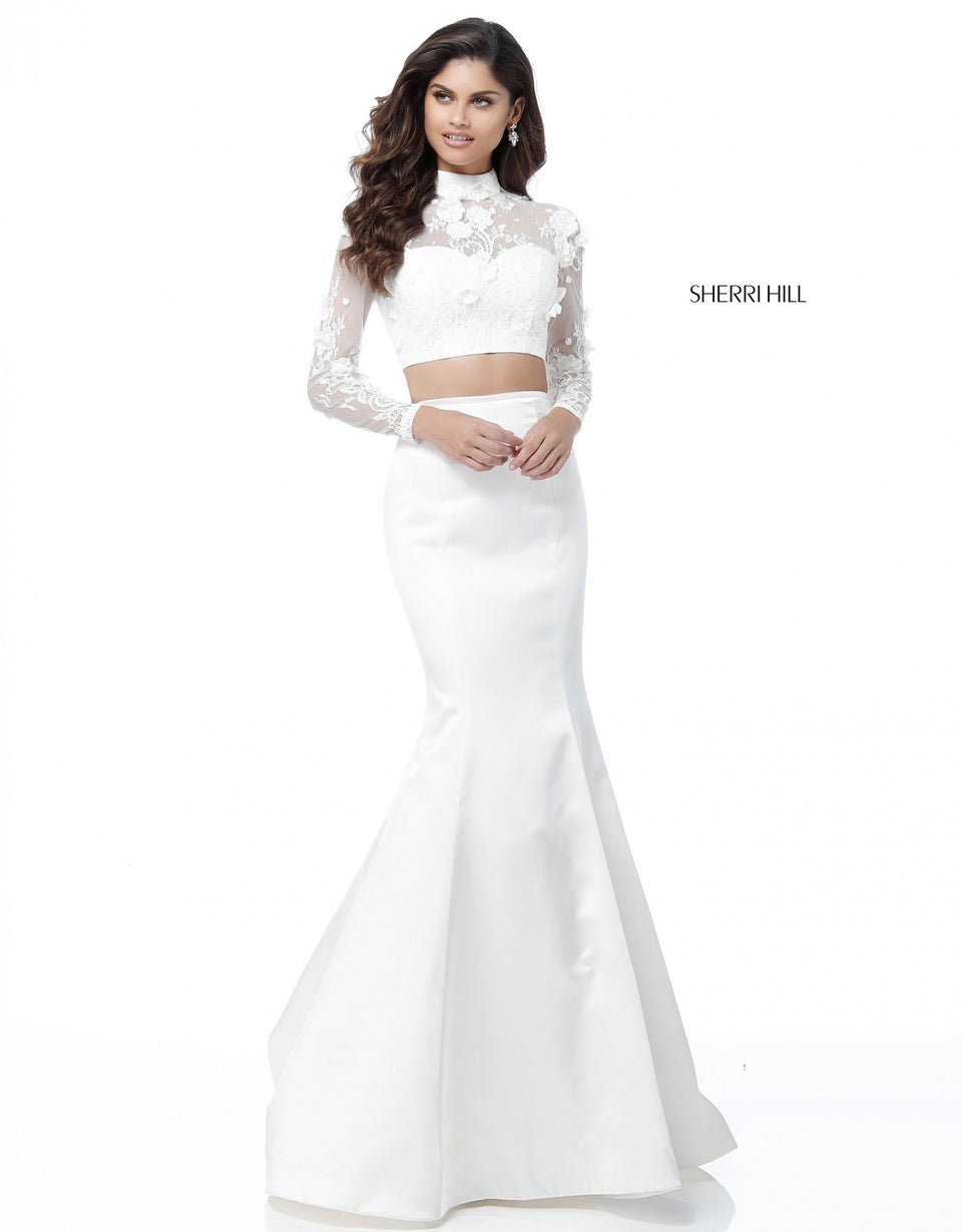 sherri hill Two piece with long sleeve high neck lace appliqued bodice and satin mermaid skirt